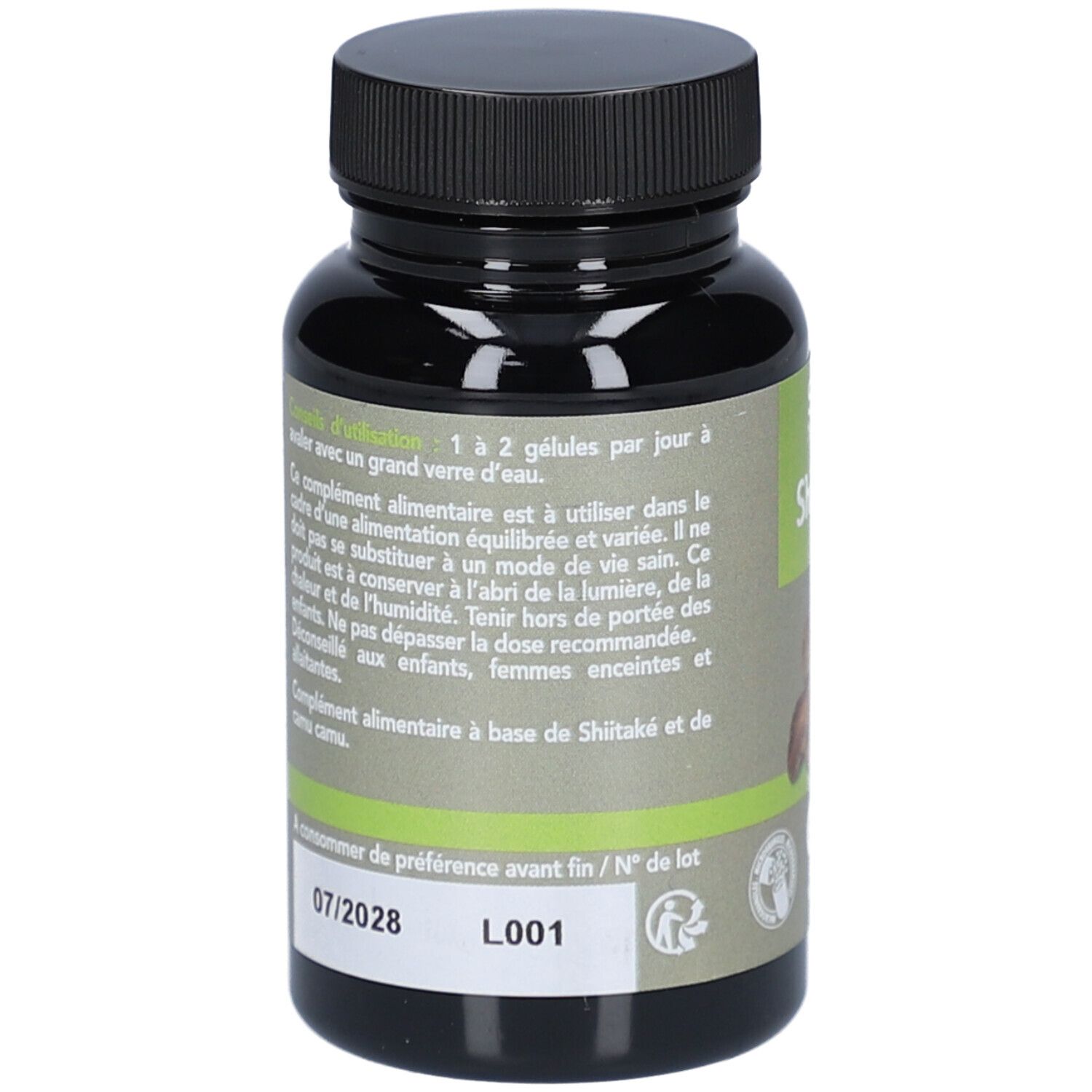 Dos du flacon de gélules de Shiitake. Texte: conseils d'utilisation, ingrédients, date de péremption, numéro de lot.