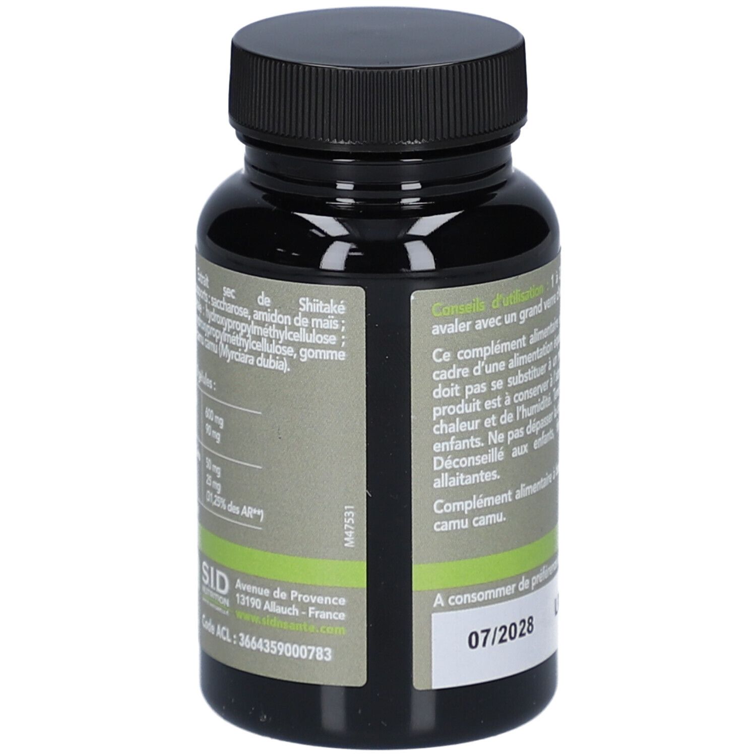 Dos du flacon de gélules de Shiitake. Texte: ingrédients, informations nutritionnelles, adresse du fabricant, date de péremption.