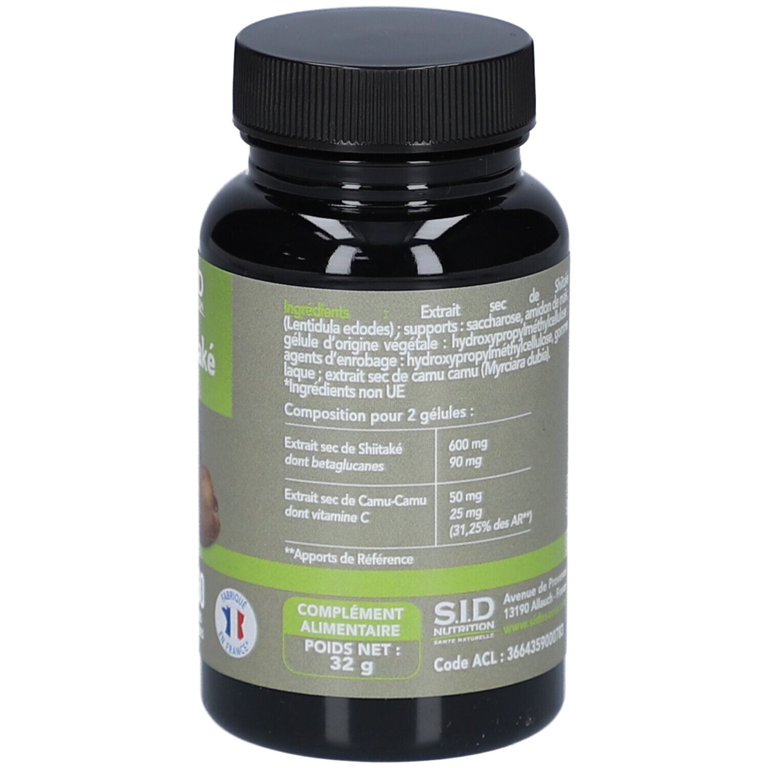 Flacon de gélules de Shiitake. Texte: ingrédients, informations nutritionnelles, poids 32 g. Fabriqué en France.