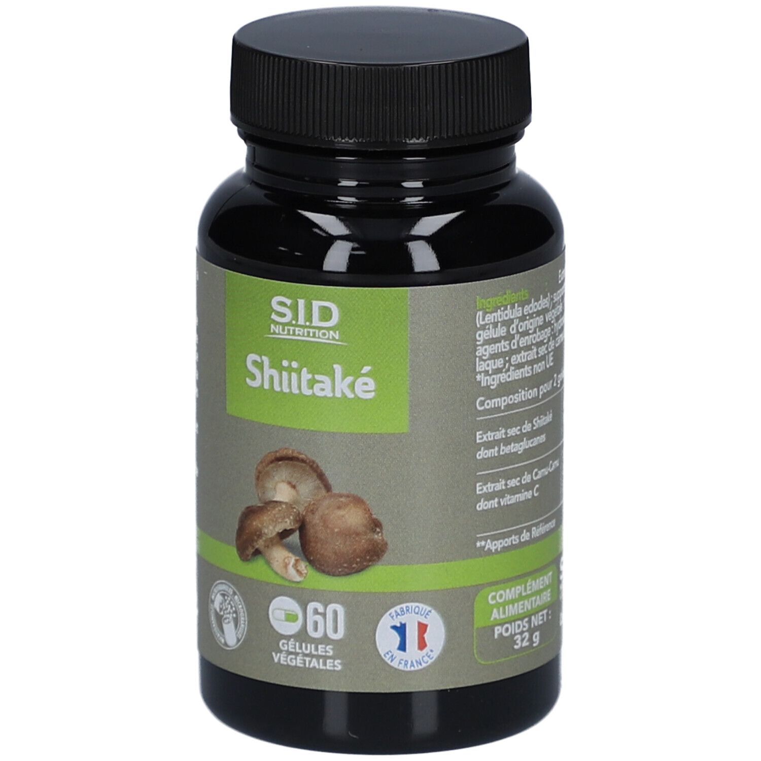 Flacon noir de gélules de Shiitake. Inscription: S.I.D. Nutrition, Shiitake. 60 gélules. Fabriqué en France.