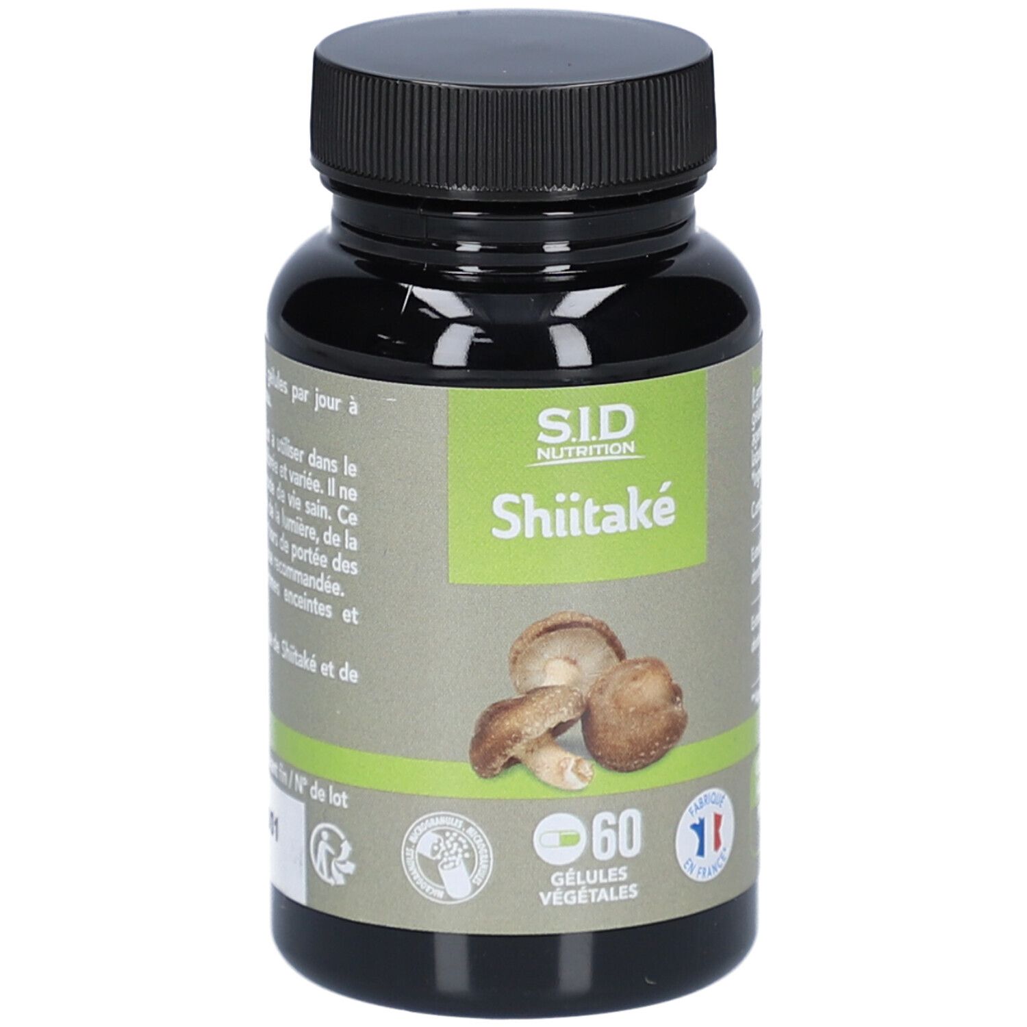 Flacon noir de gélules de Shiitake. Inscription: S.I.D. Nutrition, Shiitake. 60 gélules. Fabriqué en France.