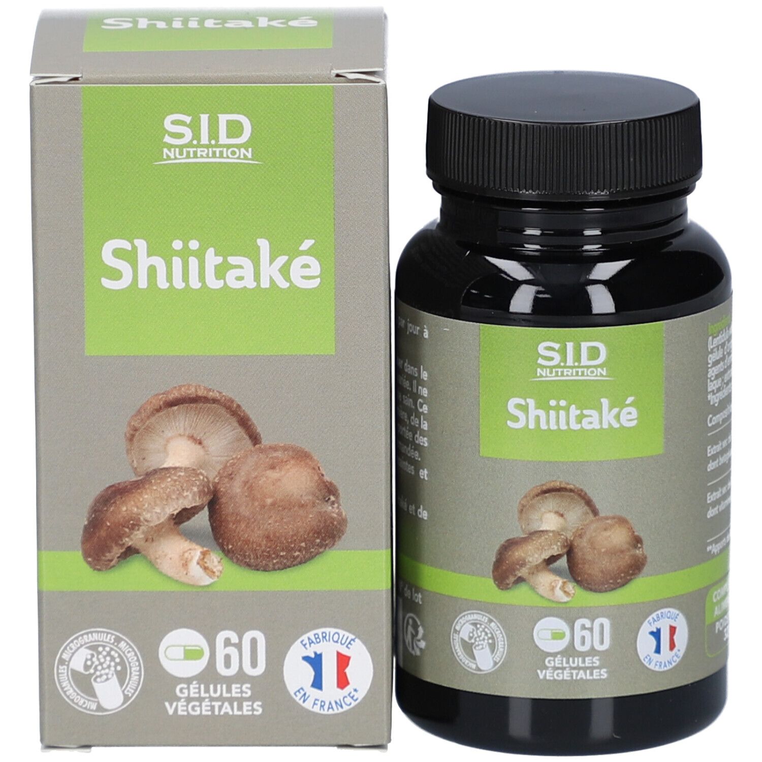 Gélules de Shiitake et emballage. Inscription: S.I.D. Nutrition, Shiitake. 60 gélules. Fabriqué en France.