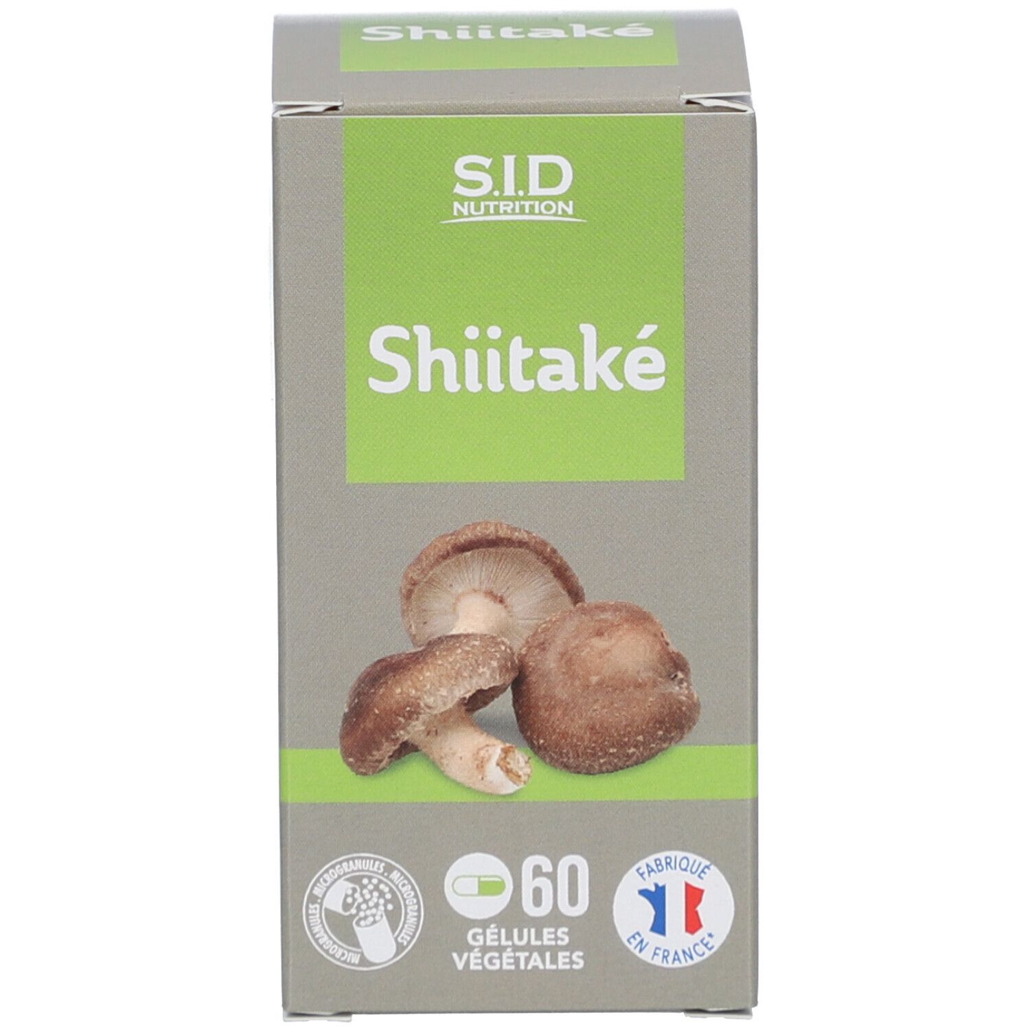 Emballage de Shiitake. Inscription: S.I.D. Nutrition, Shiitake. 60 gélules. Fabriqué en France.