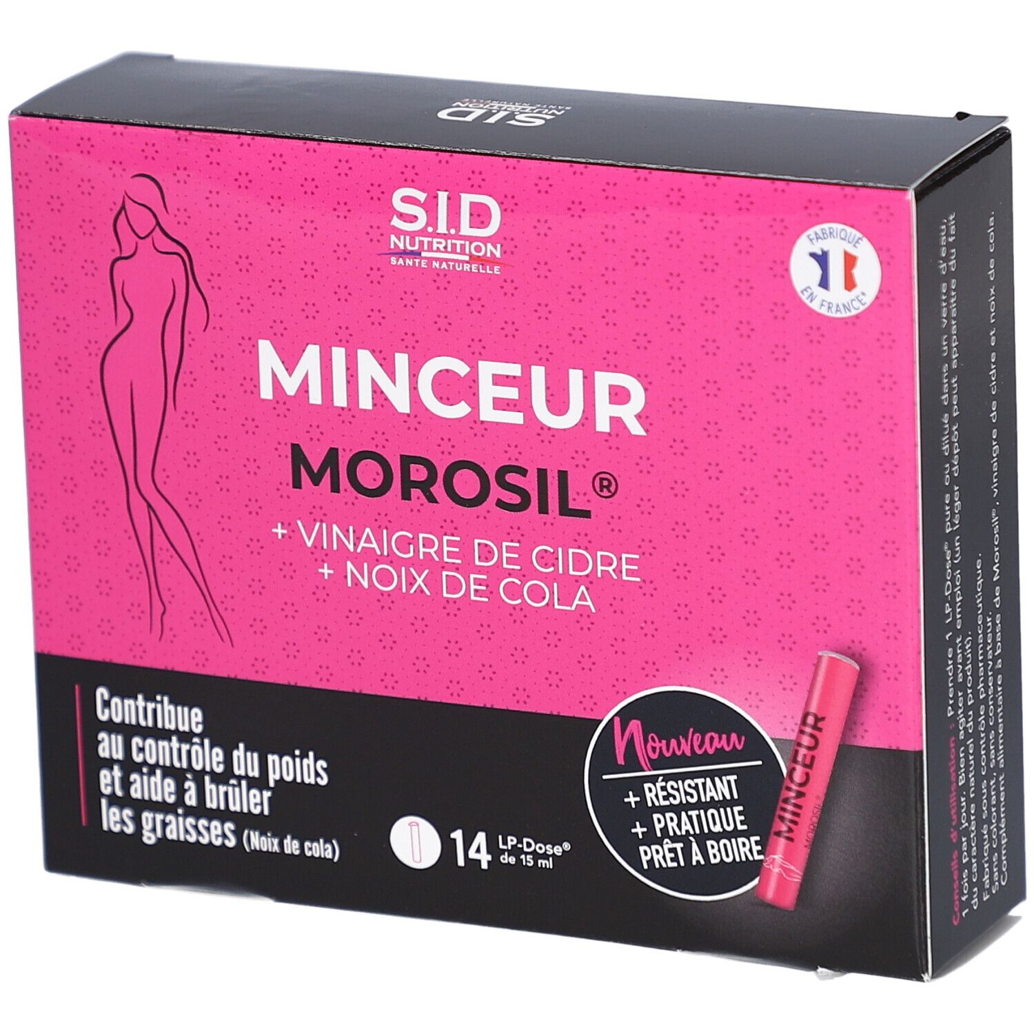 Boîte rose avec inscription MINCEUR MOROSIL, silhouette féminine. Contient 14 doses. Drapeau français. Dose individuelle rose.