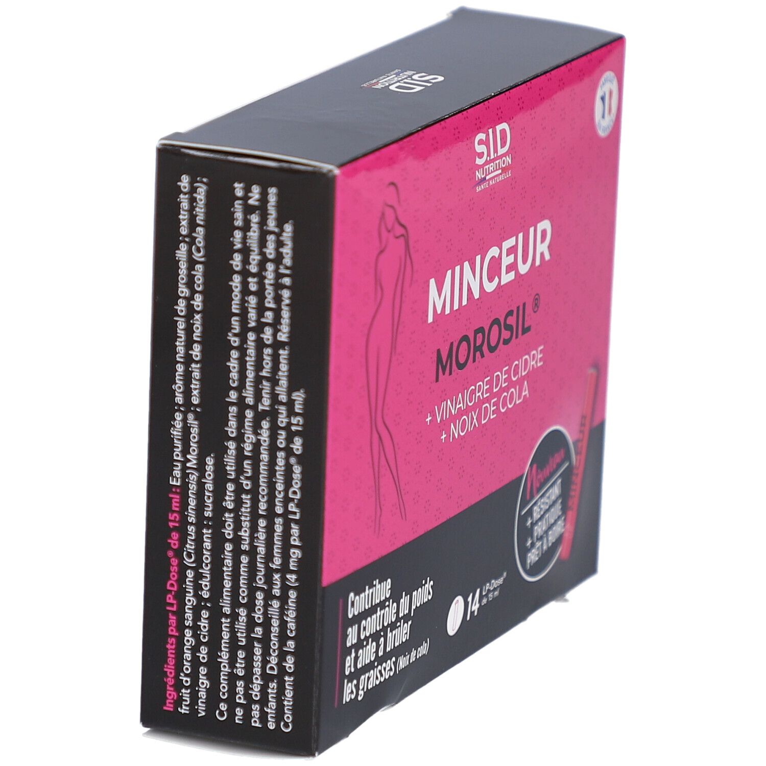 Boîte rose avec inscription MINCEUR MOROSIL. Contient 14 doses. Drapeau français. Dose individuelle rose. Vue latérale.