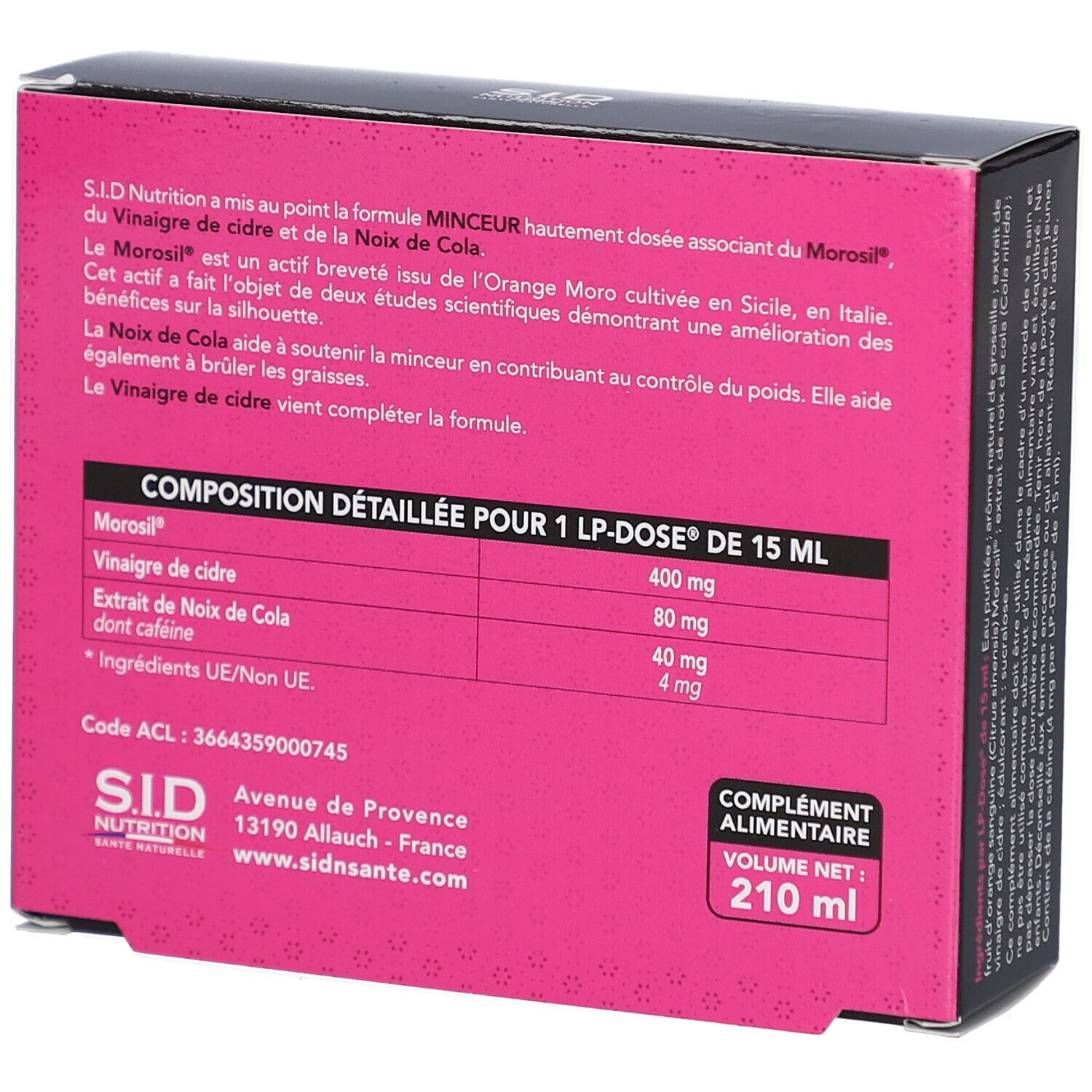 Dos de la boîte rose avec informations sur les ingrédients et le fabricant. Texte en français. Volume : 210 ml.