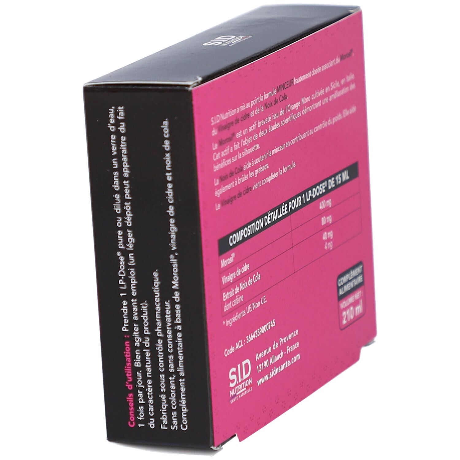 Dos de la boîte rose avec informations sur les ingrédients et le fabricant. Texte en français. Volume : 210 ml.