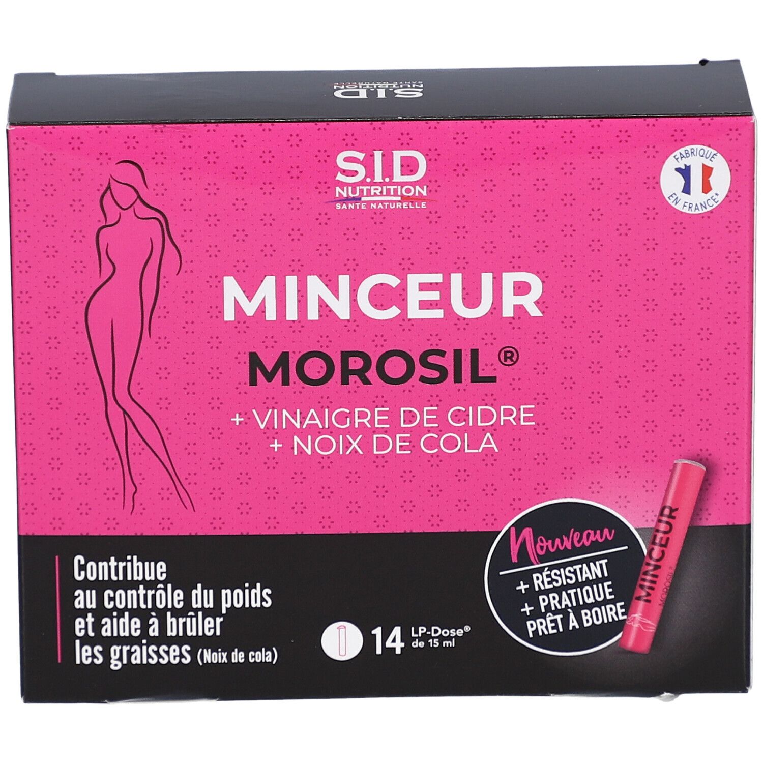 Boîte rose avec inscription MINCEUR MOROSIL, silhouette féminine. Contient 14 doses. Drapeau français. Dose individuelle rose.