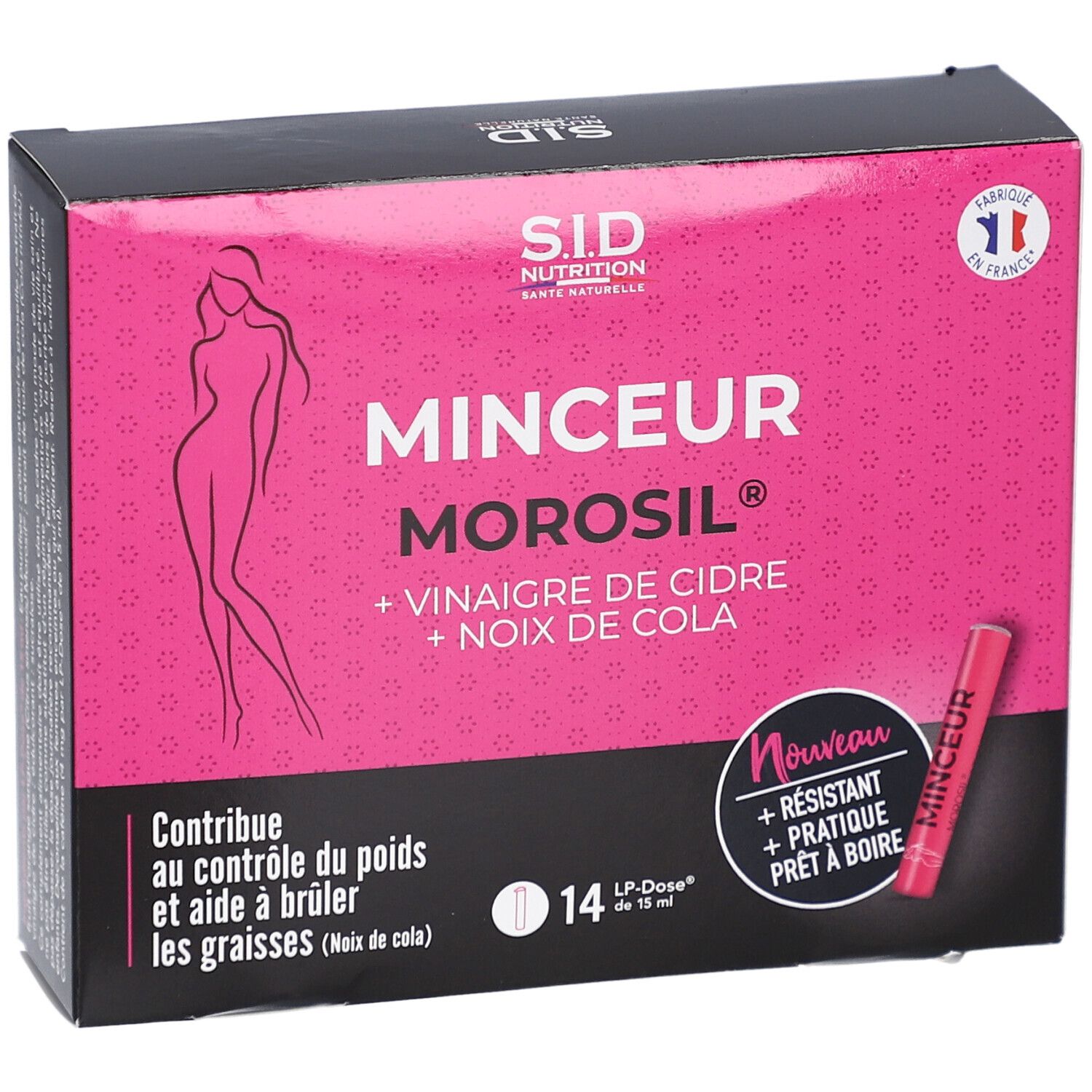 Boîte rose avec inscription MINCEUR MOROSIL, silhouette féminine. Contient 14 doses. Drapeau français. Dose individuelle rose.