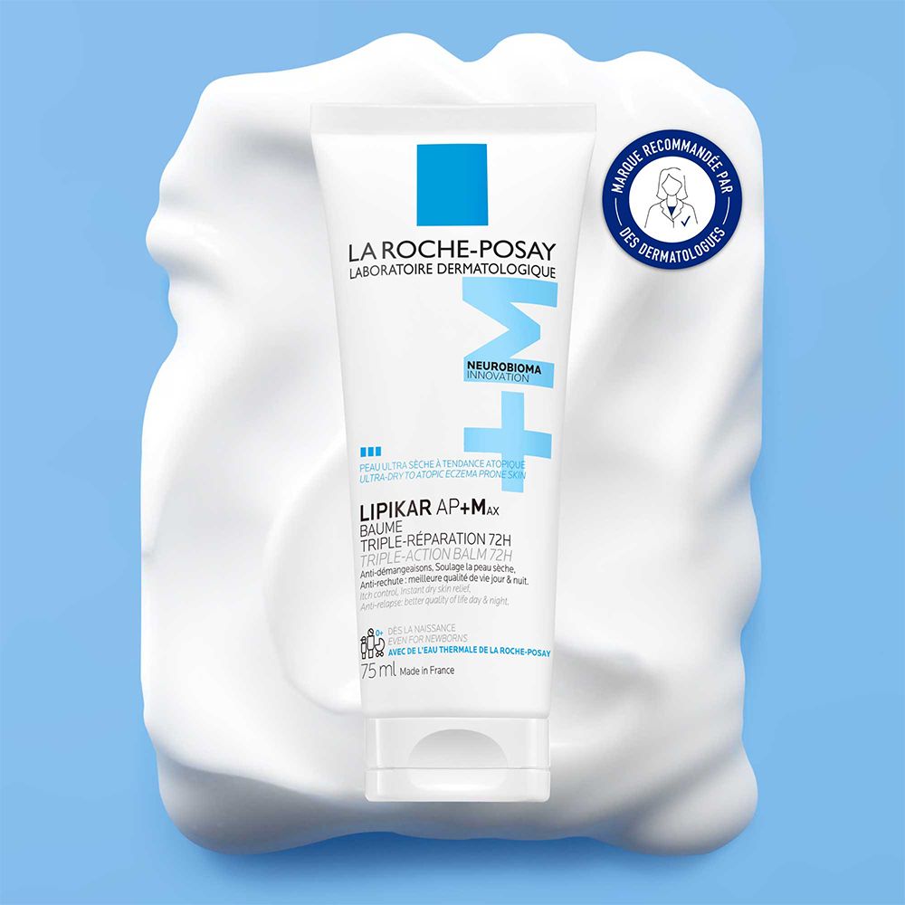 Tube blanc sur mousse blanche. Logo bleu et inscription: La Roche-Posay, Lipikar Baume AP+M. Sceau.