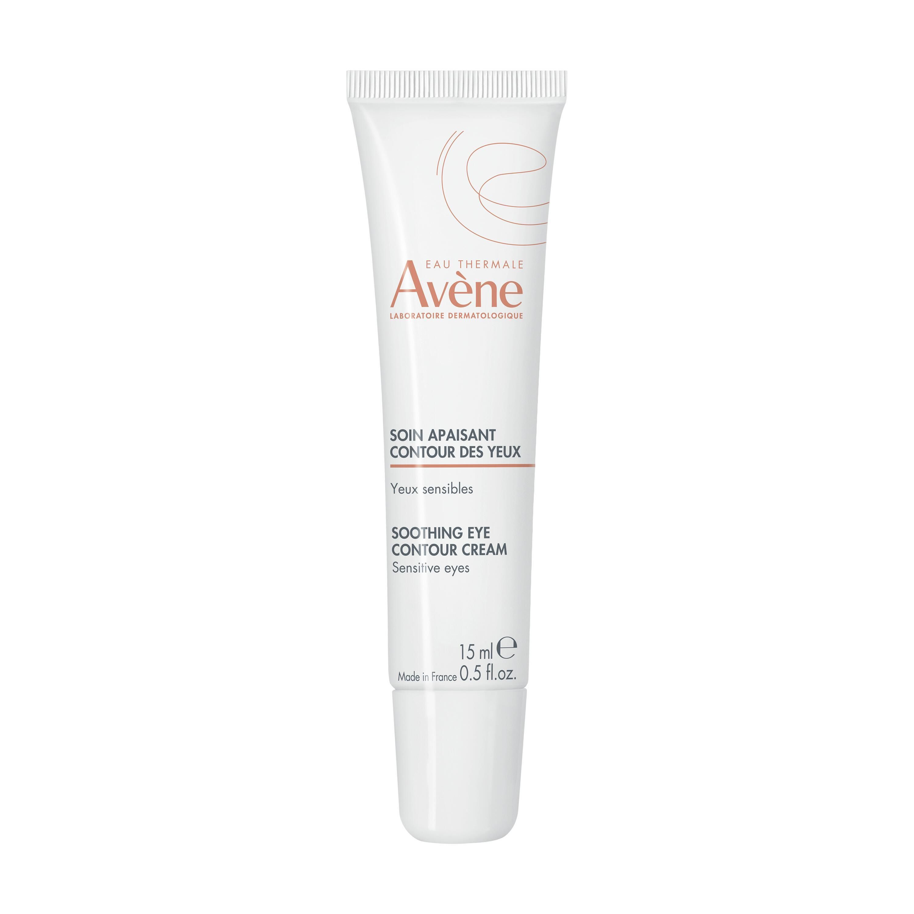 Tube blanc de crème pour les yeux. Inscription: Avène, Soin apaisant contour des yeux, 15 ml. Pour yeux sensibles.