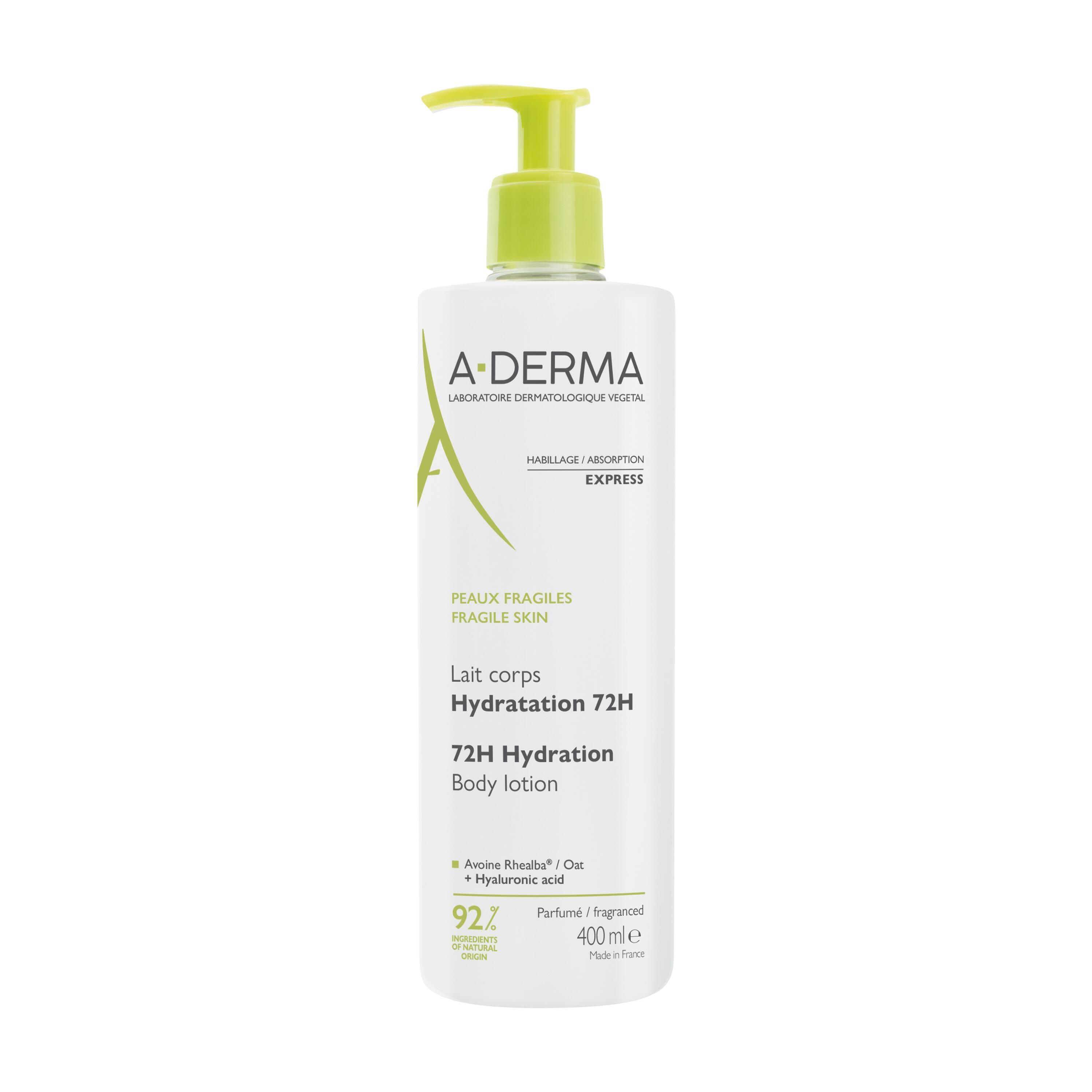 Flacon A-DERMA LAIT CORPS HYDRA 72H 400ML. Pompe verte. Texte: 72H Hydratation, Peaux Fragiles. Logo A-DERMA.
