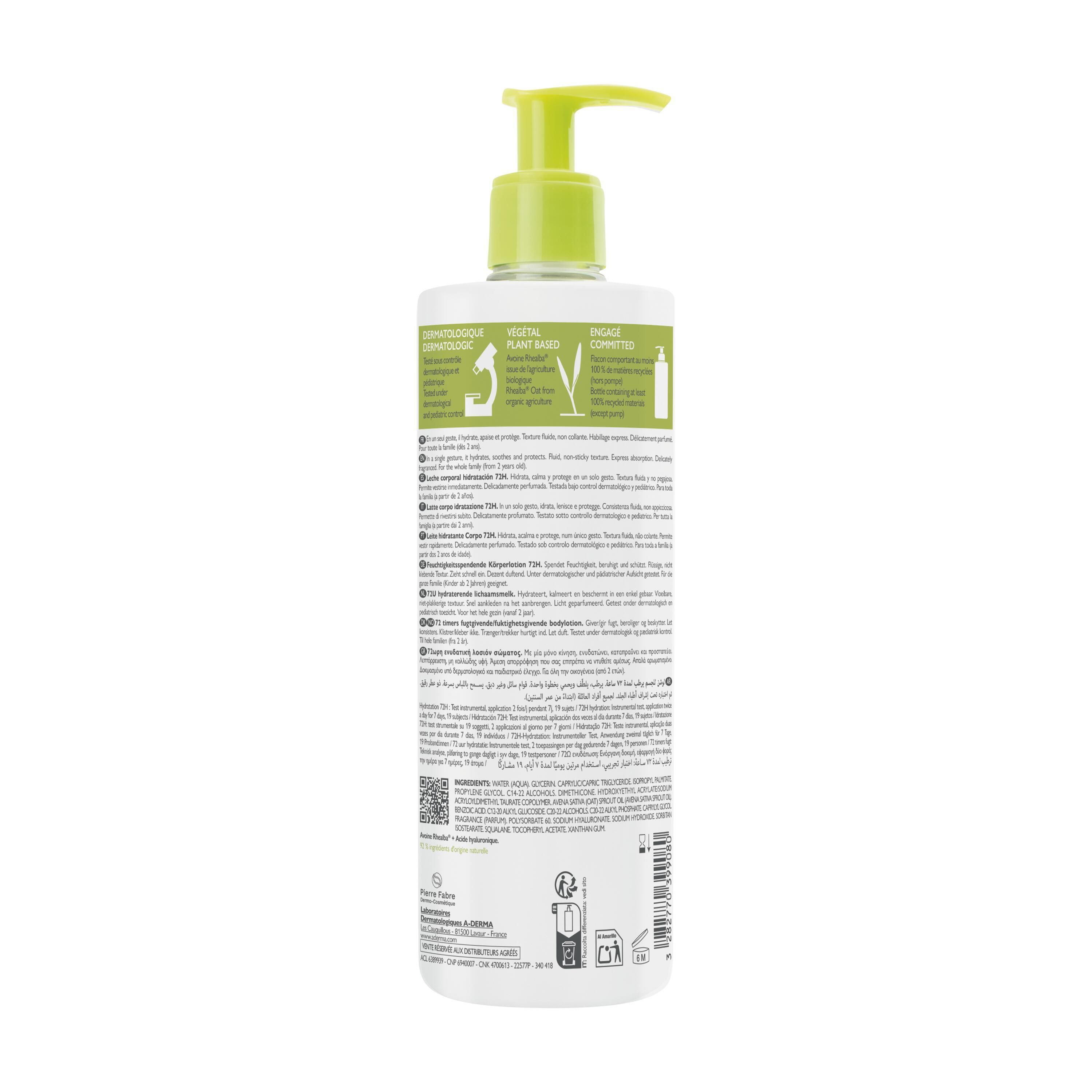 Dos de la bouteille A-DERMA LAIT CORPS HYDRA 72H. Texte et symboles. Ingrédients, informations d'utilisation.