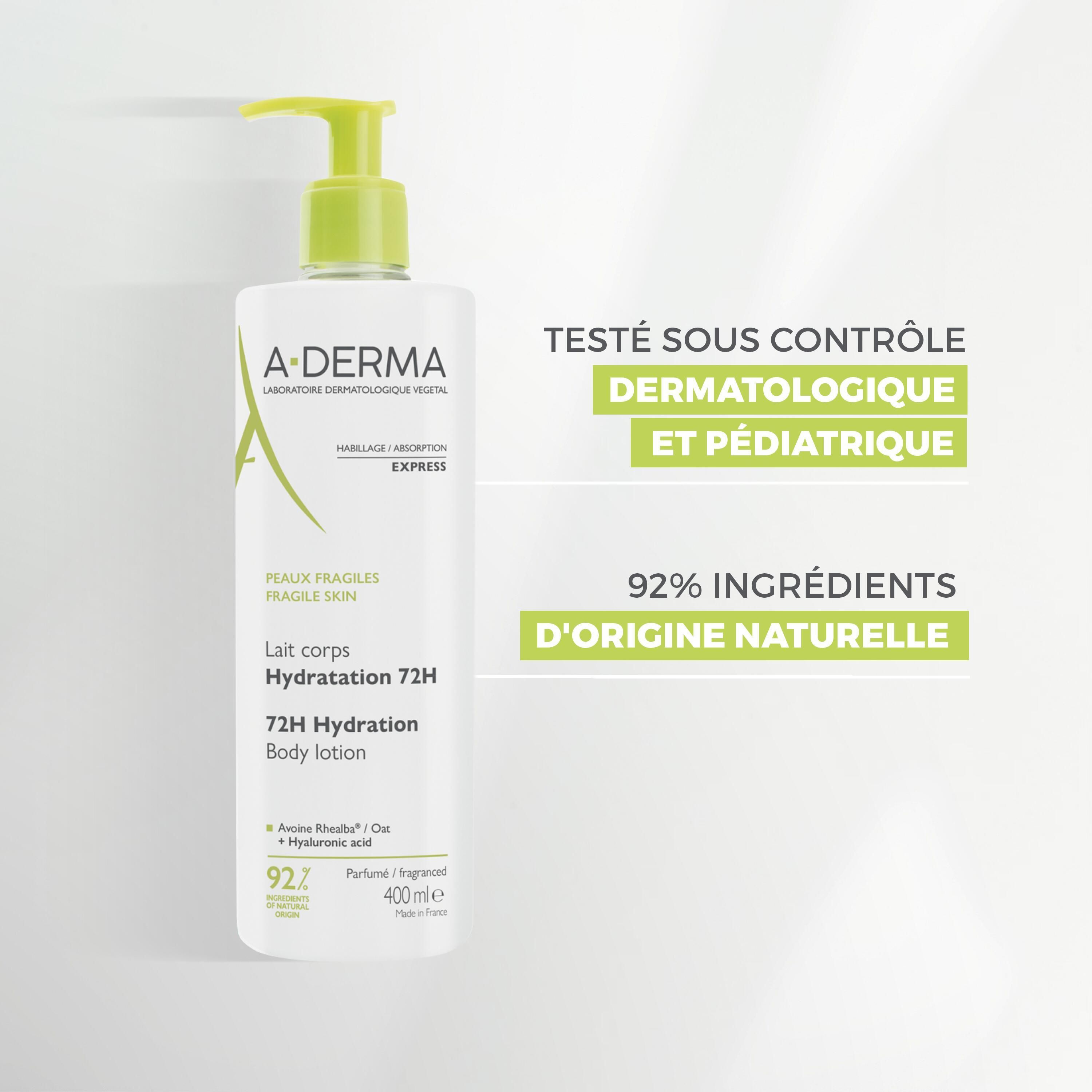 Flacon A-DERMA LAIT CORPS HYDRA 72H. Texte: Testé sous contrôle dermatologique et pédiatrique. 92% ingrédients naturels.