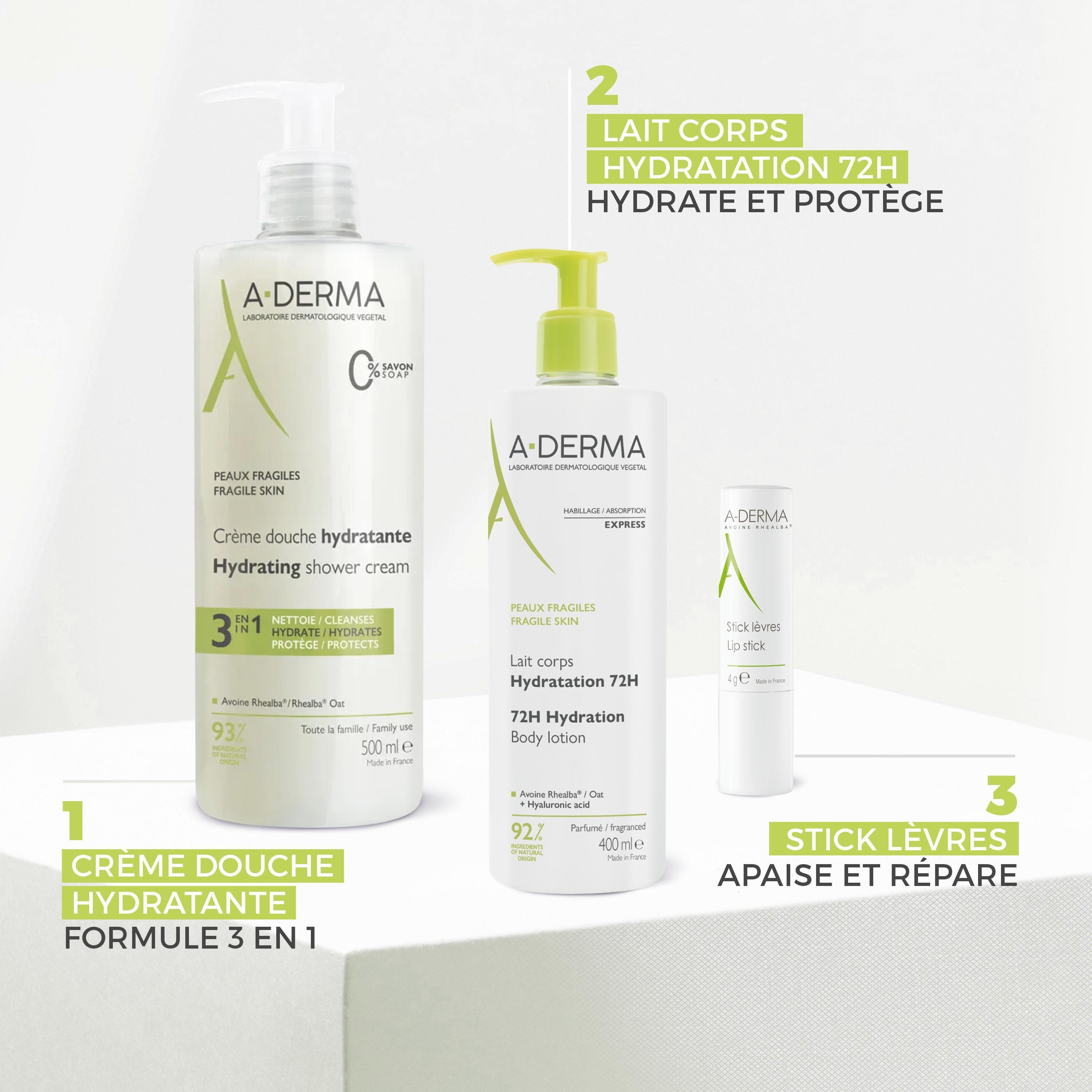 Trois produits A-DERMA. Crème Douche Hydratante, Lait Corps Hydratation 72H, Stick Lèvres.