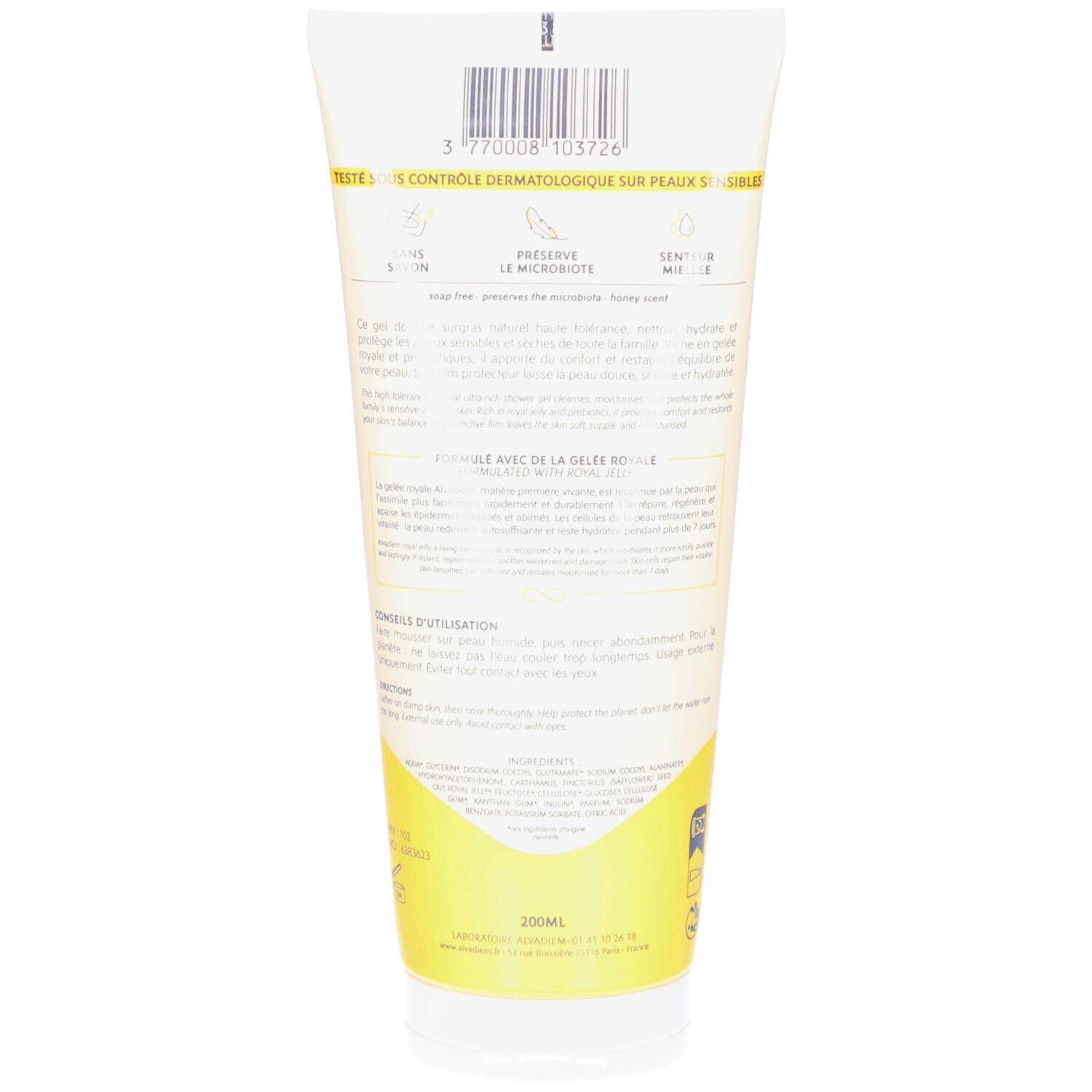 Dos du tube. Texte et code-barres. Inscription: 200ml. Informations sur les ingrédients et l'utilisation.