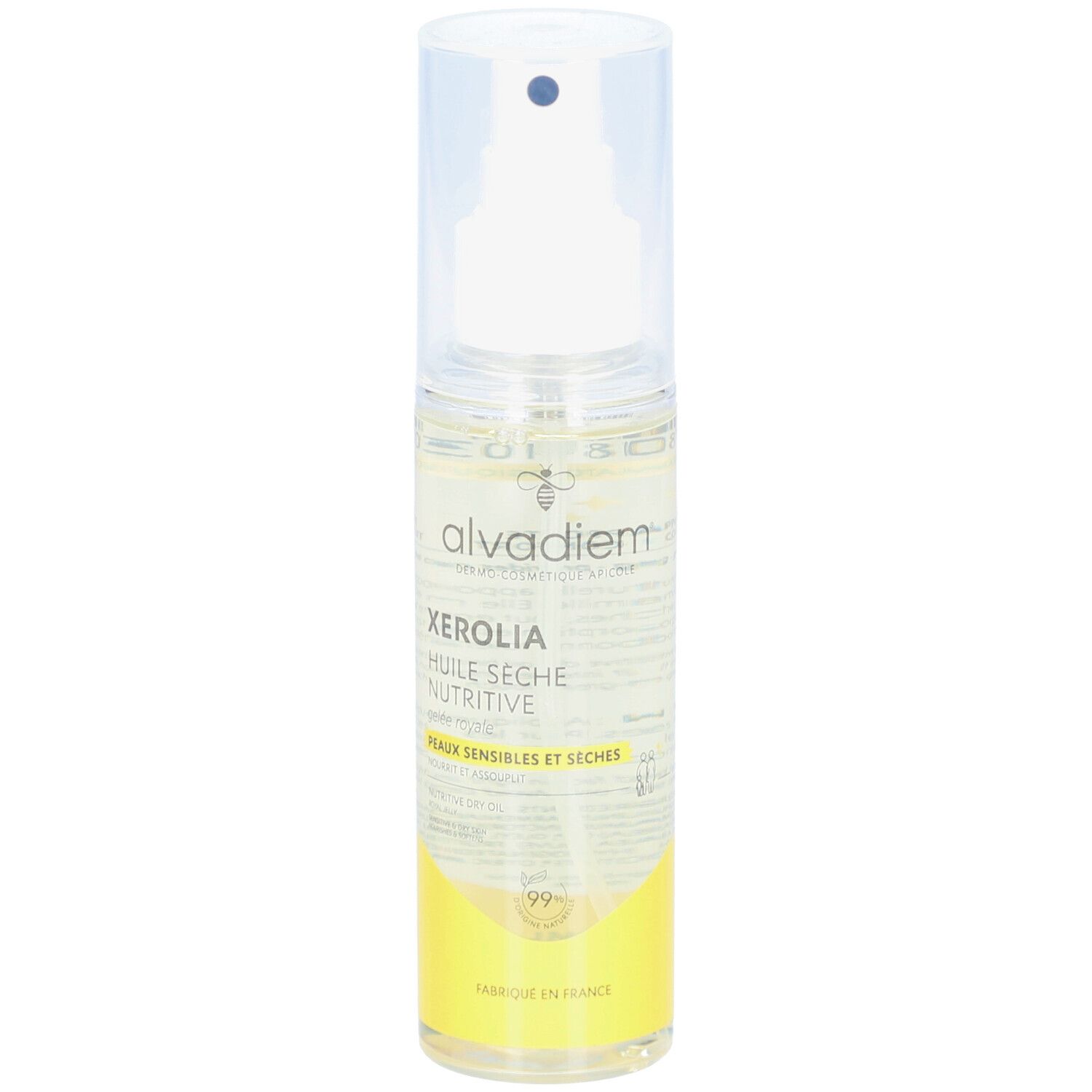 Flacon pulvérisateur transparent avec étiquette jaune. Texte: alvadiem, Xérolia Huile Sèche Nutritive, Peaux sensibles et sèches. 99% d'ingrédients d'origine naturelle.