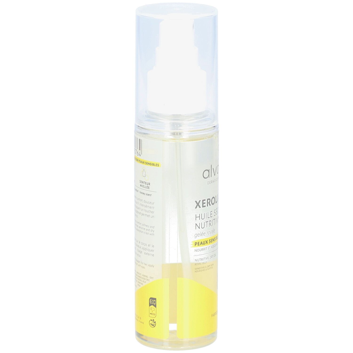 Flacon pulvérisateur transparent avec étiquette jaune. Texte: alvadiem, Xérolia Huile Sèche Nutritive, Peaux sensibles et sèches. Détails et logos.