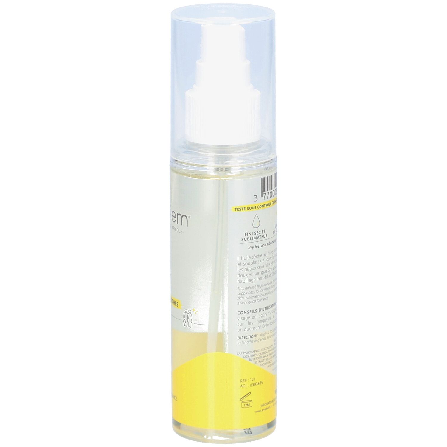 Dos du flacon pulvérisateur. Code-barres et texte. Texte: 100ml, pour peaux sensibles. Fabriqué en France.