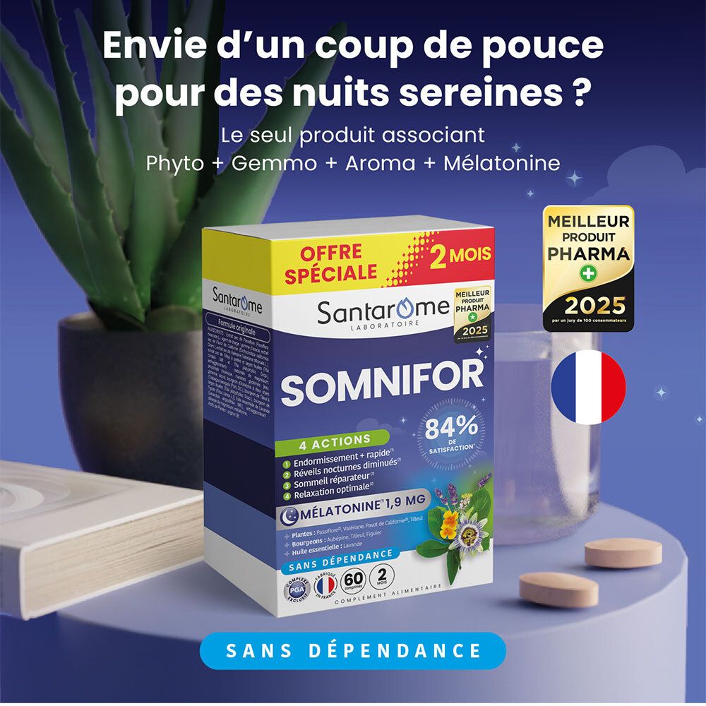 Emballage produit SANTAROME Somnifor. 4 actions. Avec plantes, arôme et mélatonine. Avec comprimés.