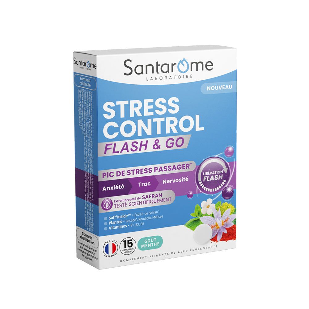 Boîte de SANTAROME Stress Control Flash & Go. Inscription : Stress Control, Flash & Go. 15 comprimés. Goût menthe.