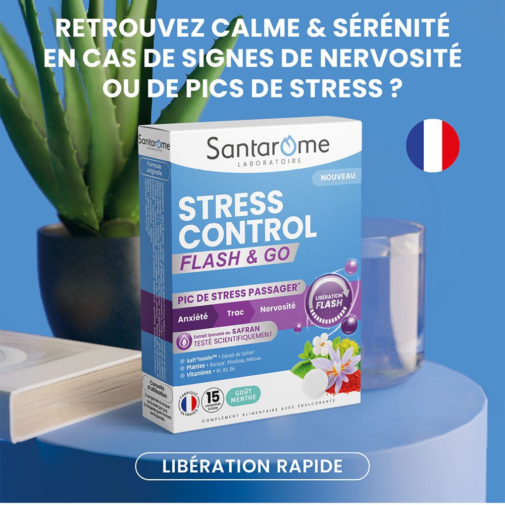 Publicité pour SANTAROME Stress Control Flash & Go. Texte : Retrouvez calme & sérénité en cas de nervosité ou de pics de stress ? Libération rapide.