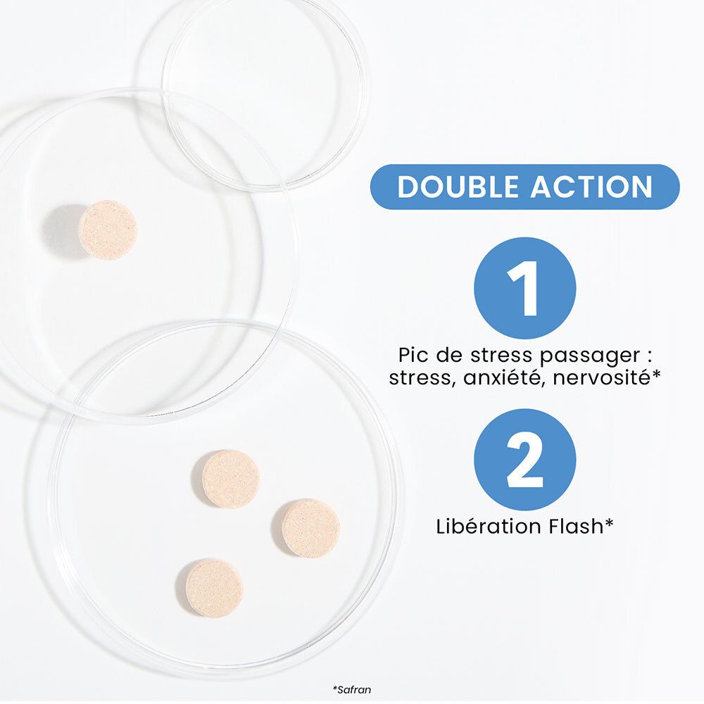 Comprimés sur boîtes de Pétri. Double action. 1 : Stress, anxiété, nervosité. 2 : Libération Flash. Safran.