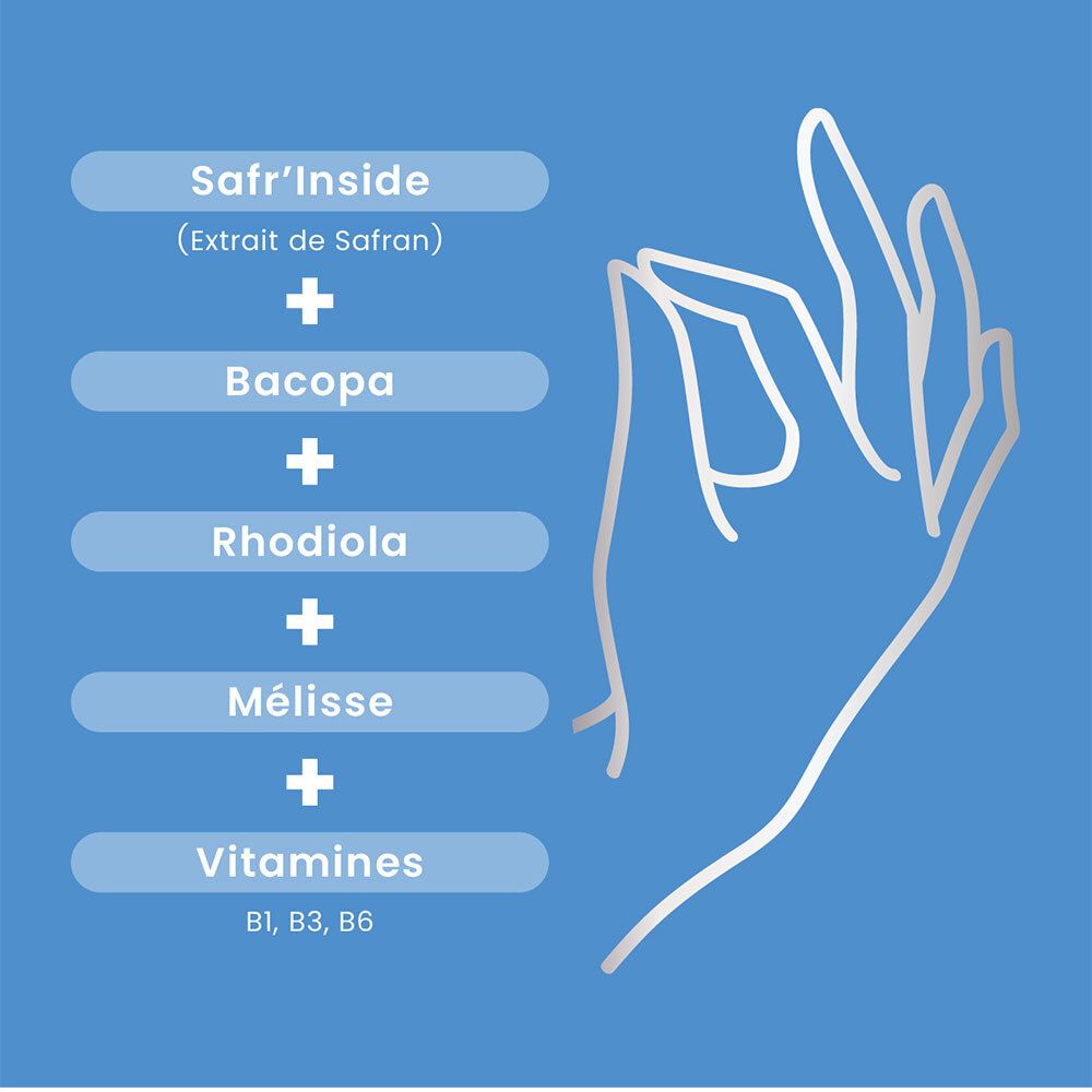 Graphique avec ingrédients : Safr'Inside, Bacopa, Rhodiola, Mélisse, Vitamines B1, B3, B6. Illustration de main.