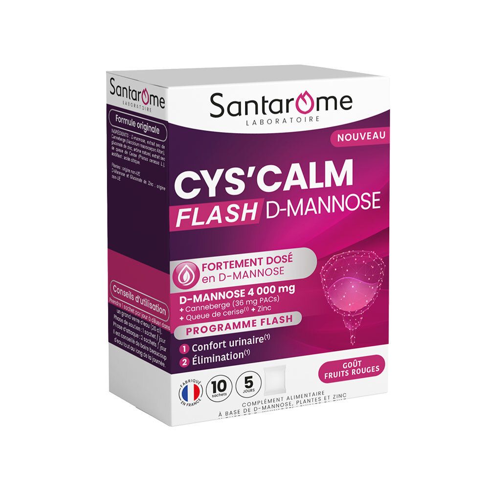 Boîte blanche SANTAROME Cys'Calm. Inscription: Cys'Calm Flash D-Mannose. Contient D-Mannose, Canneberge, Queue de cerise et Zinc. Goût fruits rouges.