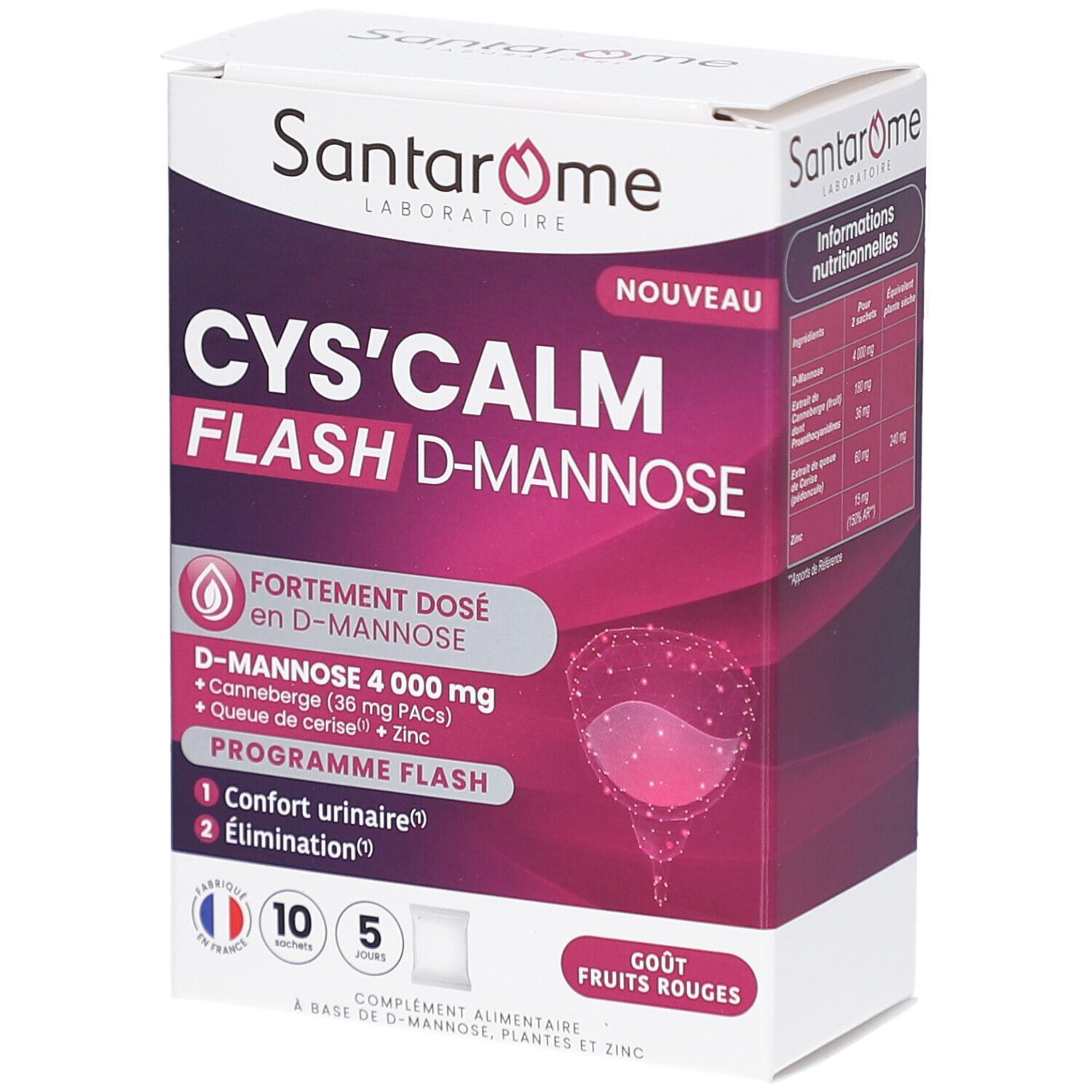 Boîte SANTAROME CYS'CALM FLASH D-MANNOS. Contient 10 sachets. Inscriptions: D-mannose 4000 mg, canneberge, queue de cerise, zinc. Goût fruits rouges.