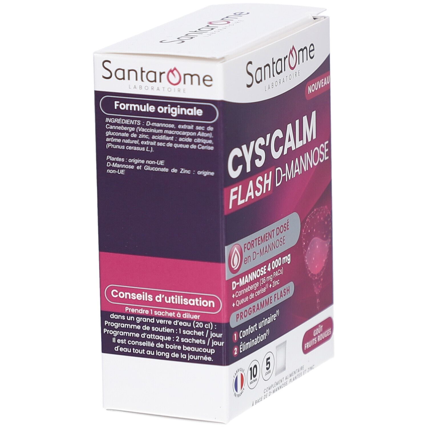 Boîte SANTAROME CYS'CALM FLASH D-MANNOS. Ingrédients: D-mannose, extrait de canneberge, acide citrique, extrait de queue de cerise, zinc. Conseils d'utilisation.