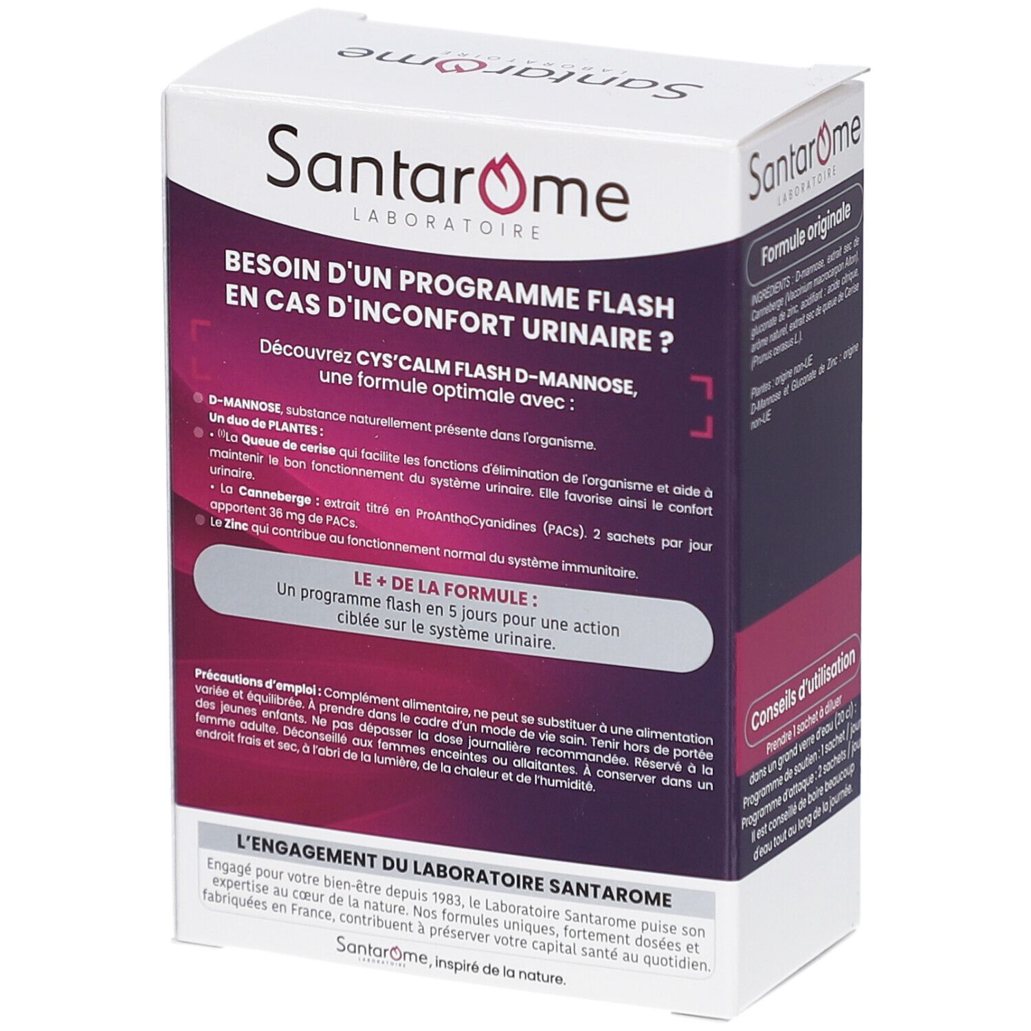 Boîte SANTAROME. Texte: CYS'CALM FLASH D-MANNOS. Description: Programme en cas d'inconfort urinaire. Contient D-mannose, extraits de plantes, zinc.
