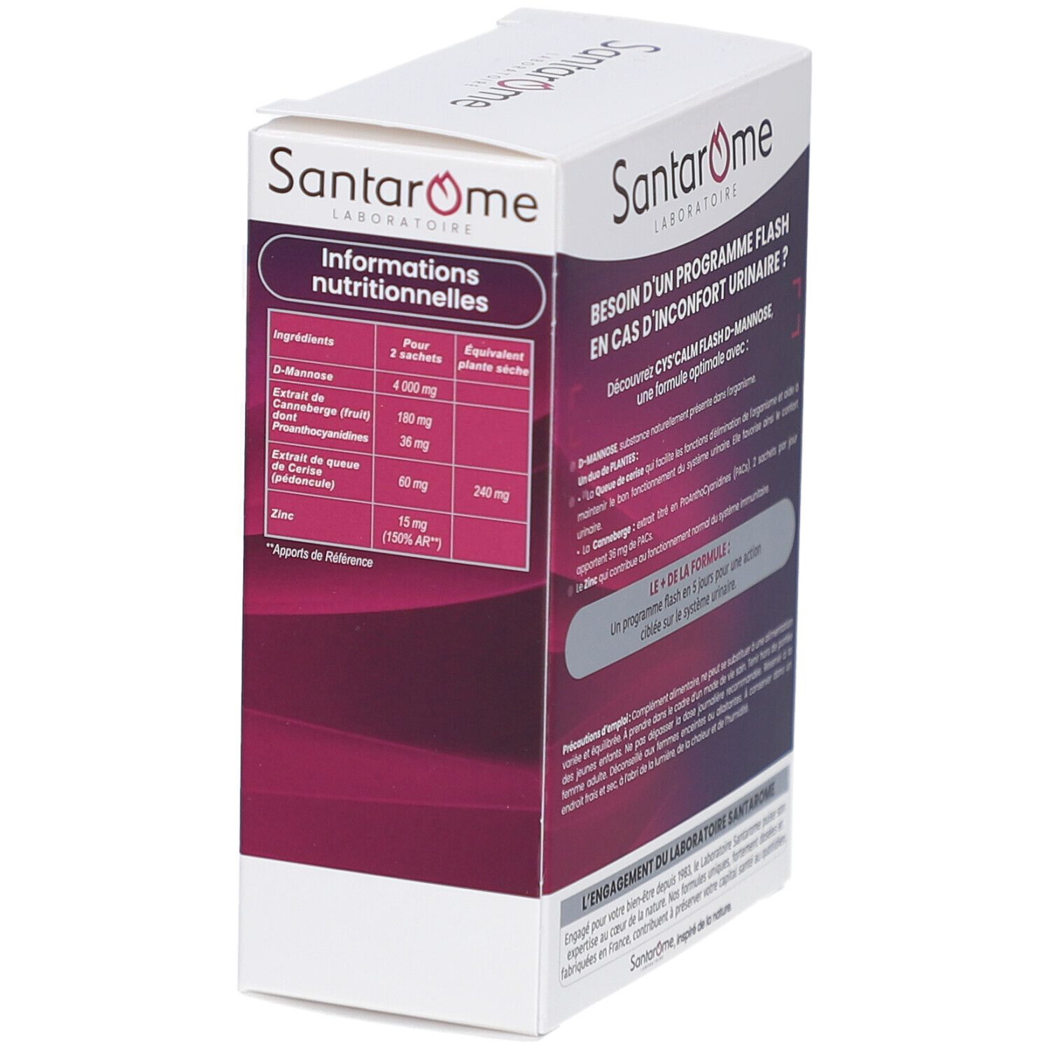 Boîte SANTAROME. Informations nutritionnelles: Ingrédients par 2 sachets. D-mannose 4000 mg, extrait de canneberge, extrait de queue de cerise, zinc. Apports de référence.