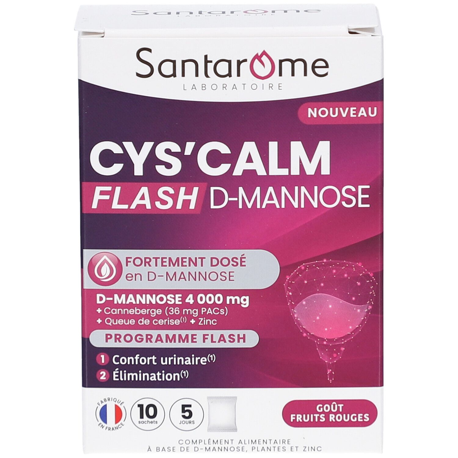 Boîte SANTAROME CYS'CALM FLASH D-MANNOS. Contient 10 sachets. Inscriptions: D-mannose 4000 mg, canneberge, queue de cerise, zinc. Goût fruits rouges.