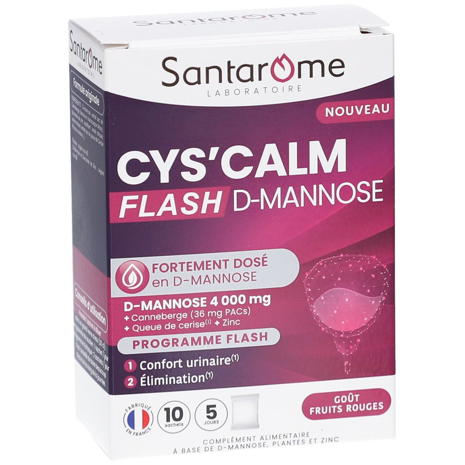 Boîte SANTAROME CYS'CALM FLASH D-MANNOS. Contient 10 sachets. Inscriptions: D-mannose 4000 mg, canneberge, queue de cerise, zinc. Goût fruits rouges.