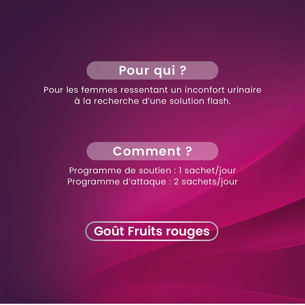 Texte sur fond rose. Pour qui ? Pour les femmes avec inconfort urinaire. Comment ? 1 sachet/jour ou 2 sachets/jour. Goût fruits rouges.