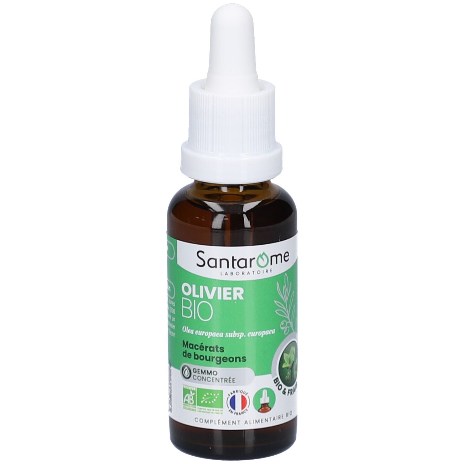 Flacon en verre brun avec compte-gouttes blanc. Étiquette verte avec texte: OLIVIER BIO, Gemmo Concentrée. Certification française.