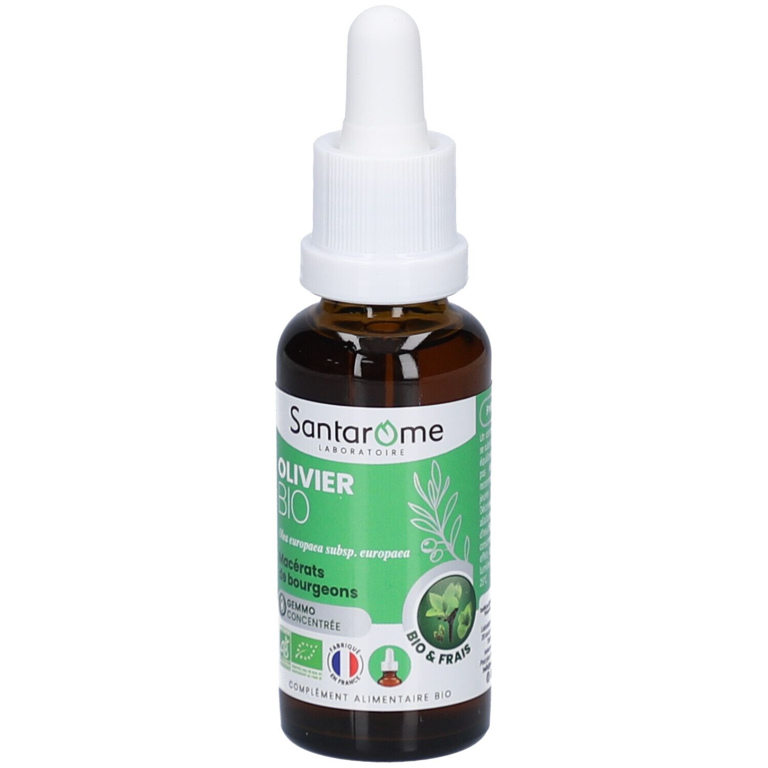 Flacon en verre brun avec compte-gouttes blanc. Étiquette verte avec texte: OLIVIER BIO, Gemmo Concentrée. Certification française.