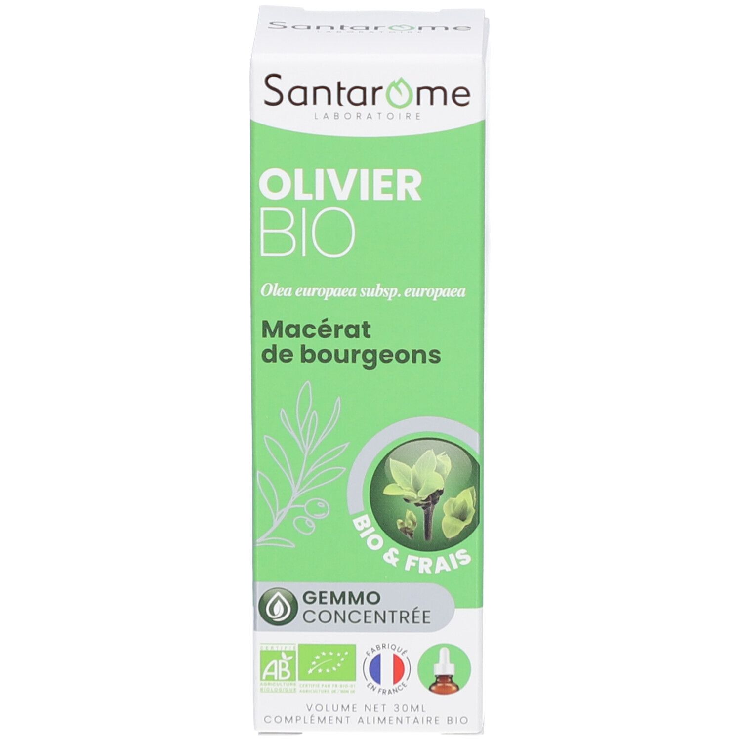 Emballage blanc avec texte vert: OLIVIER BIO. Logo Gemmo Concentrée. Certification française. Illustration du flacon compte-gouttes.