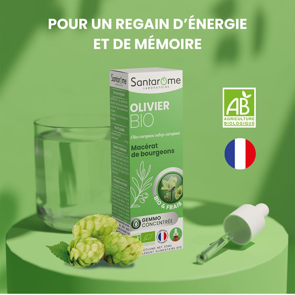 Emballage vert avec flacon et pipette. Texte : Olivier Bio, Macérat de bourgeons. Certification française. Verre d'eau et bourgeons.
