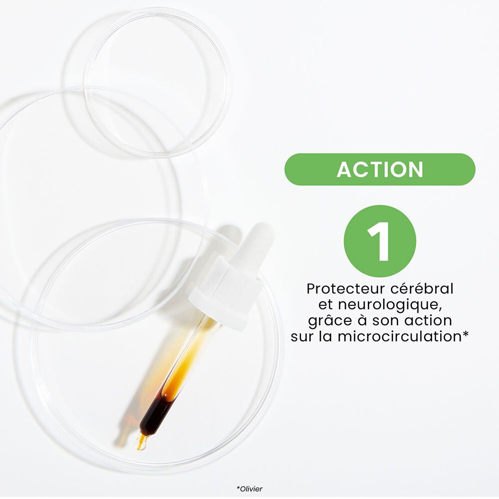 Pipette avec liquide dans une boîte de Pétri. Texte : Action 1, protecteur cérébral et neurologique. Fond blanc.