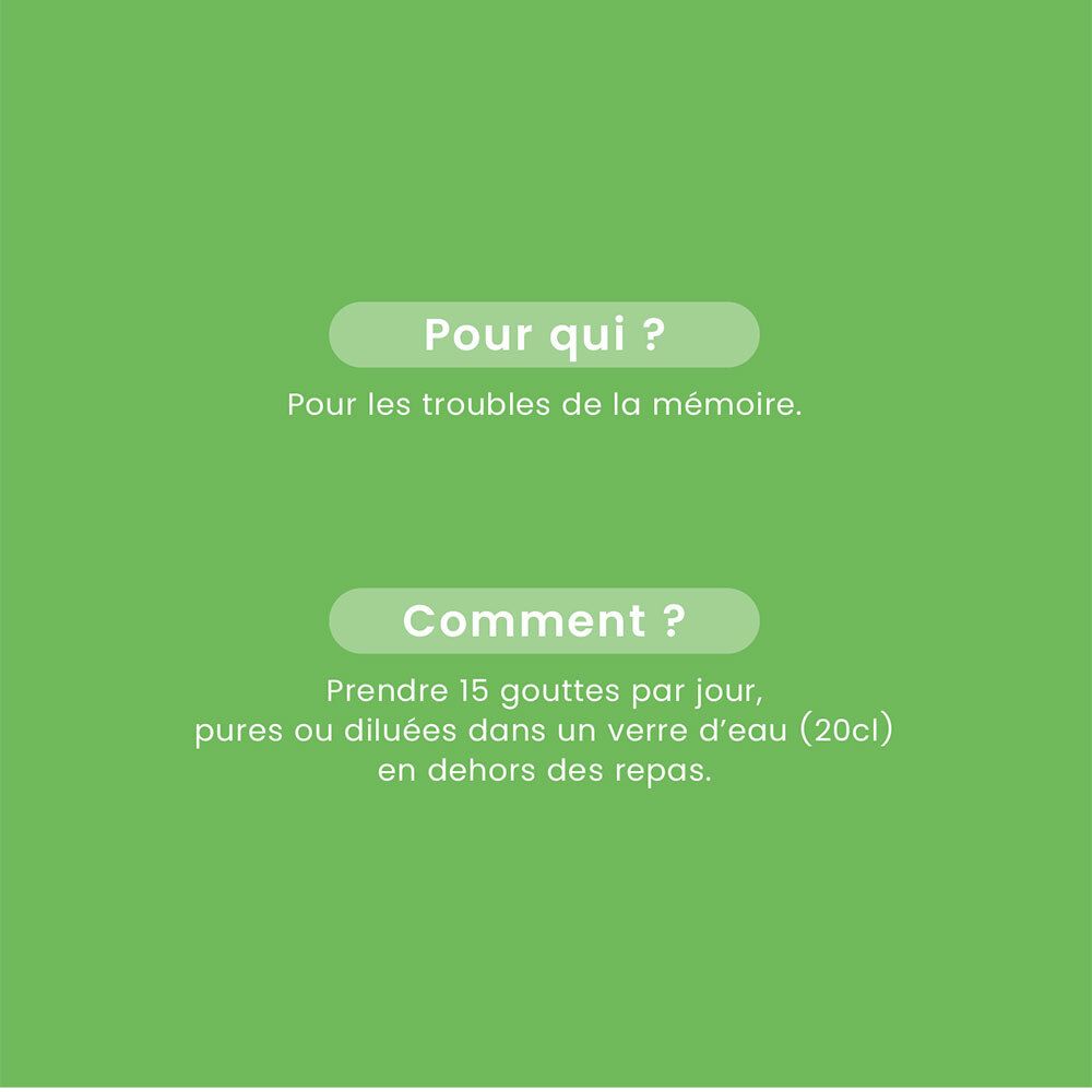 Fond vert avec texte. Pour qui ? Troubles de la mémoire. Comment ? 15 gouttes/jour, pures ou dans un verre d'eau (20cl), hors repas.