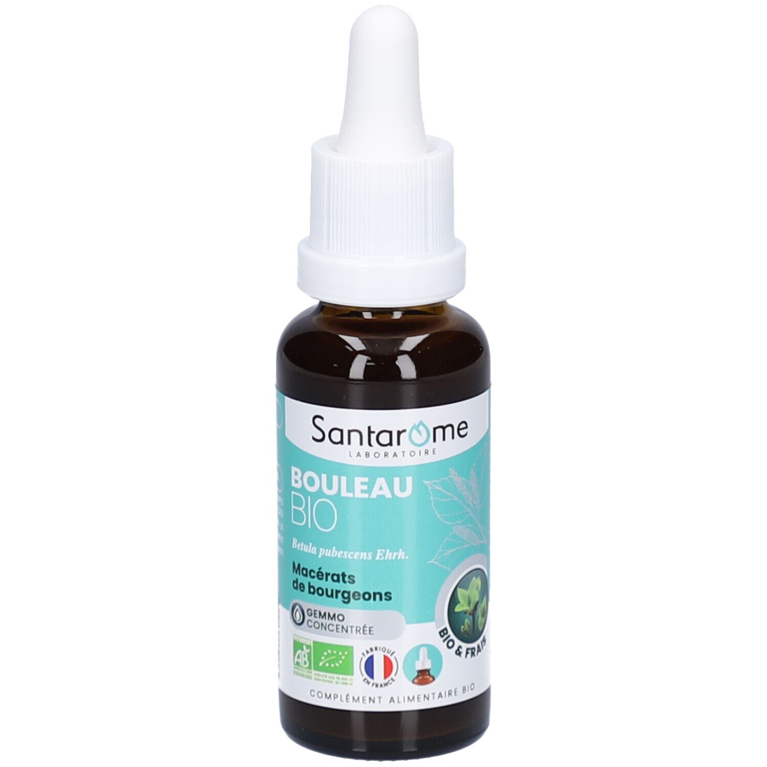 Flacon en verre brun avec compte-gouttes blanc. Étiquette avec nom du produit, certification BIO et logo. Liquide visible.