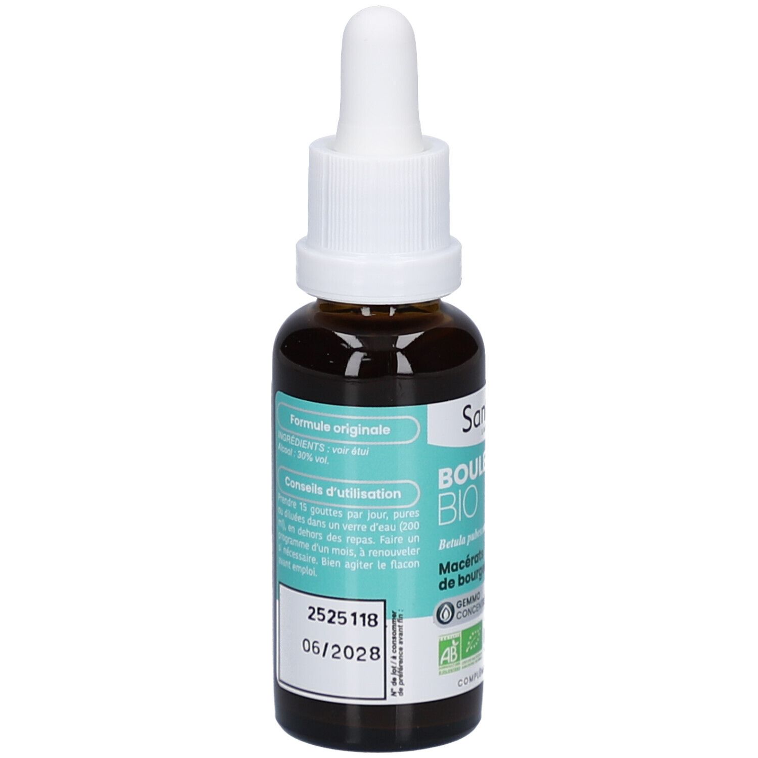 Flacon en verre brun avec compte-gouttes blanc. Dos avec texte, ingrédients, conseils d'utilisation et date de péremption.