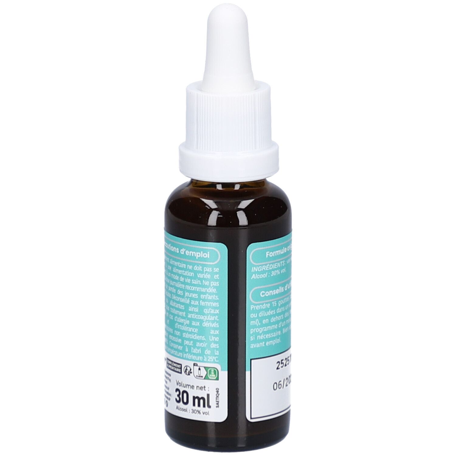 Flacon en verre brun avec compte-gouttes blanc. Vue arrière avec texte, indication de volume et teneur en alcool.