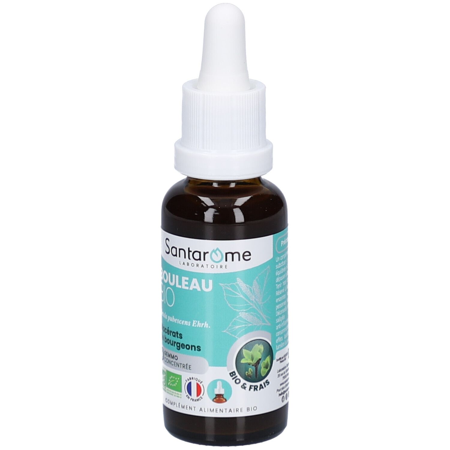 Flacon en verre brun avec compte-gouttes blanc. Étiquette avec nom du produit, certification BIO et logo. Liquide visible.