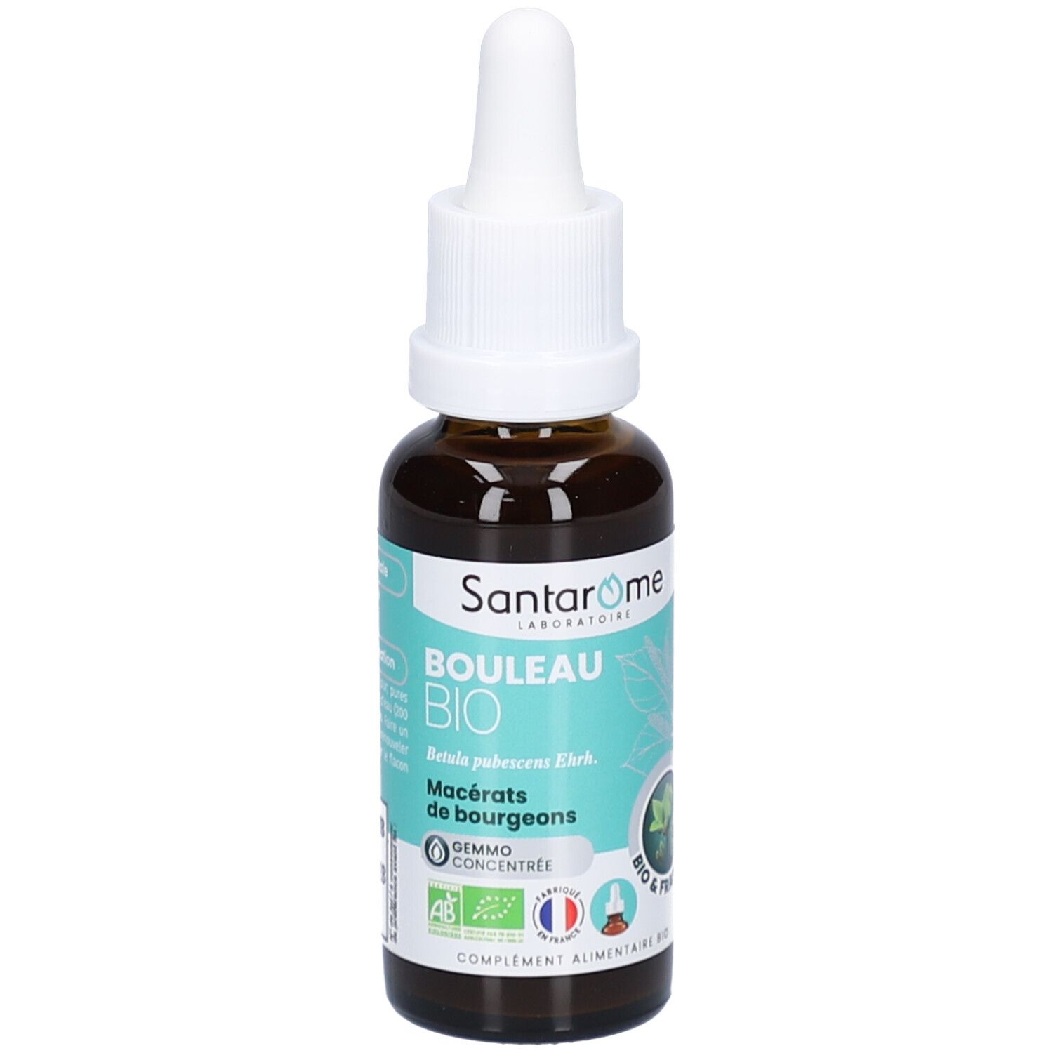 Flacon en verre brun avec compte-gouttes blanc. Étiquette avec nom du produit, certification BIO et logo. Liquide visible.