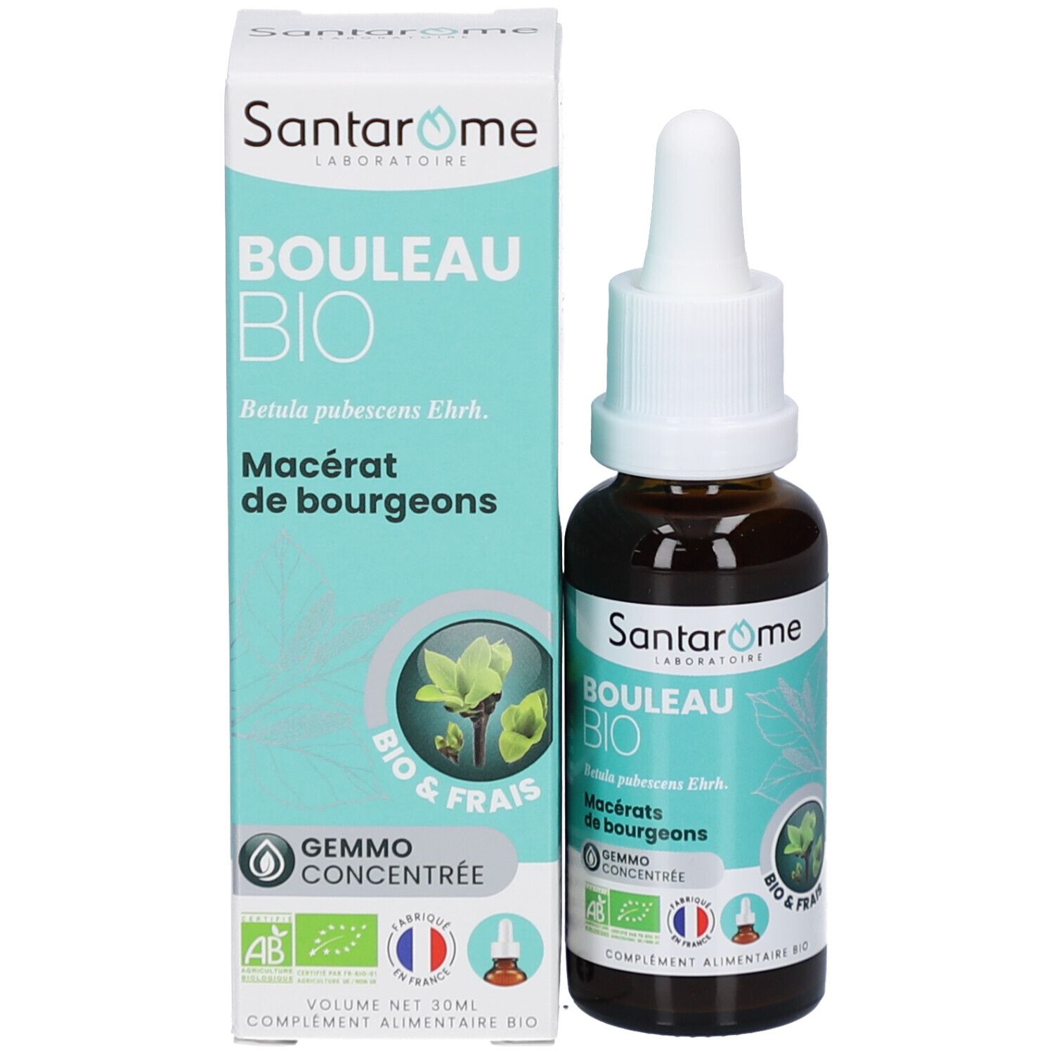 Flacon et boîte. Flacon avec compte-gouttes, étiquette. Boîte avec nom du produit, logo et certifications.