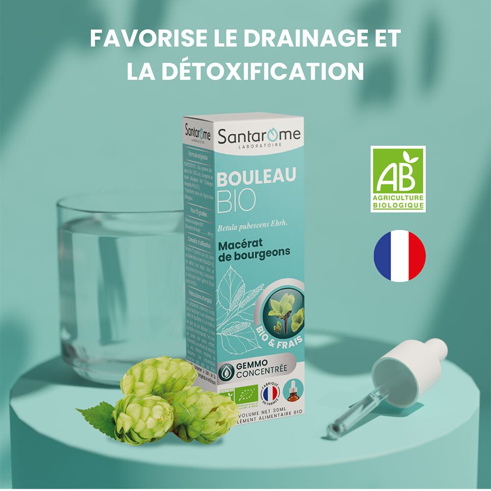 Produit SANTAROME Bouleau Bio, verre d'eau, bourgeons, pipette. Texte: Favorise le drainage et la détoxification.