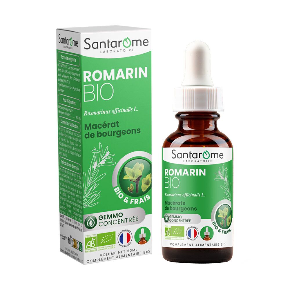 Flacon en verre brun avec compte-gouttes et emballage vert. Inscription : SANTAROME Romarin Bio. Certification bio.